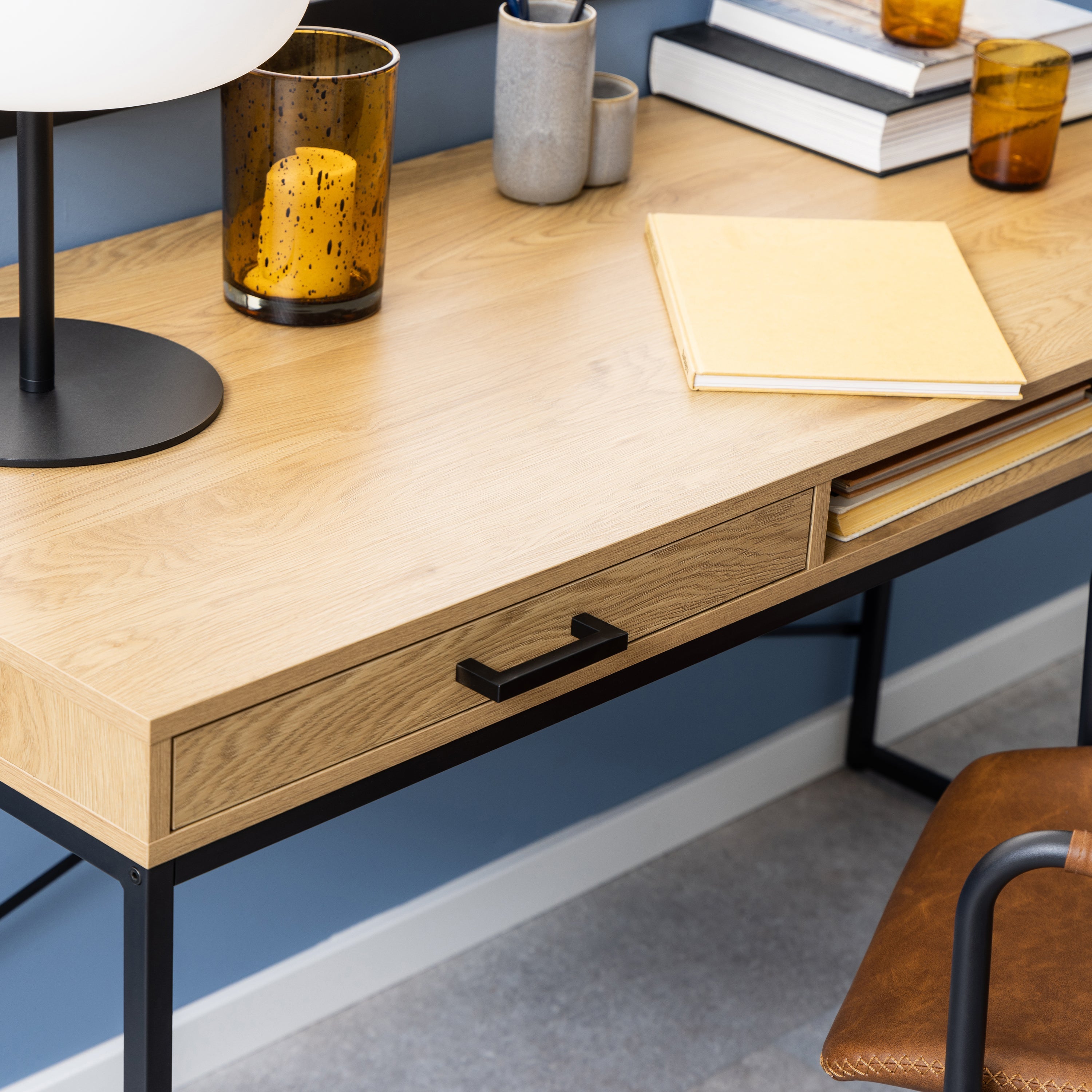 Seaford Office Desk with 1 Drawer in Black and Oak – FTG, view 6