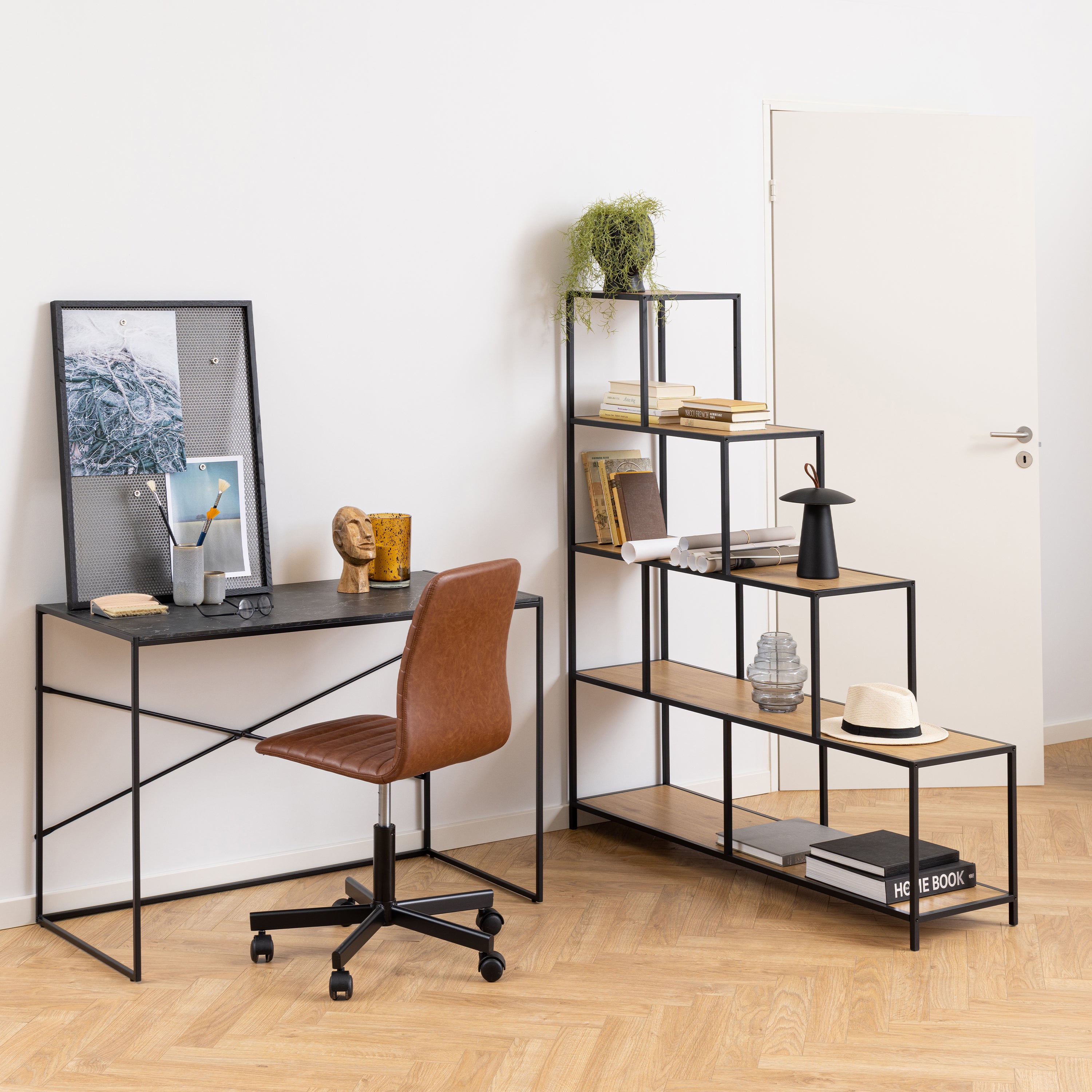 Seaford Bookcase with 4 Shelves in Black and Oak – FTG, view 4