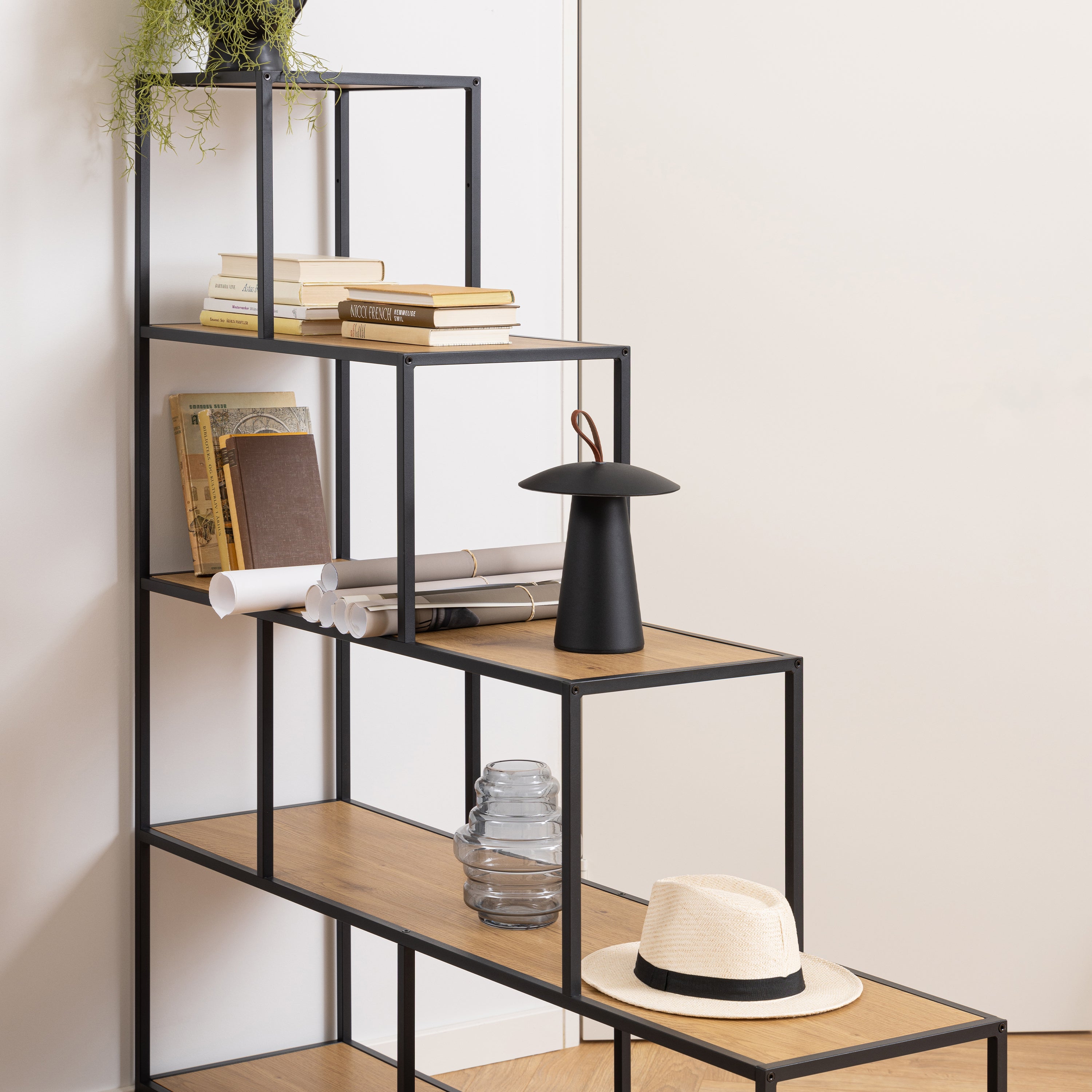 Seaford Bookcase with 4 Shelves in Black and Oak – FTG, view 6