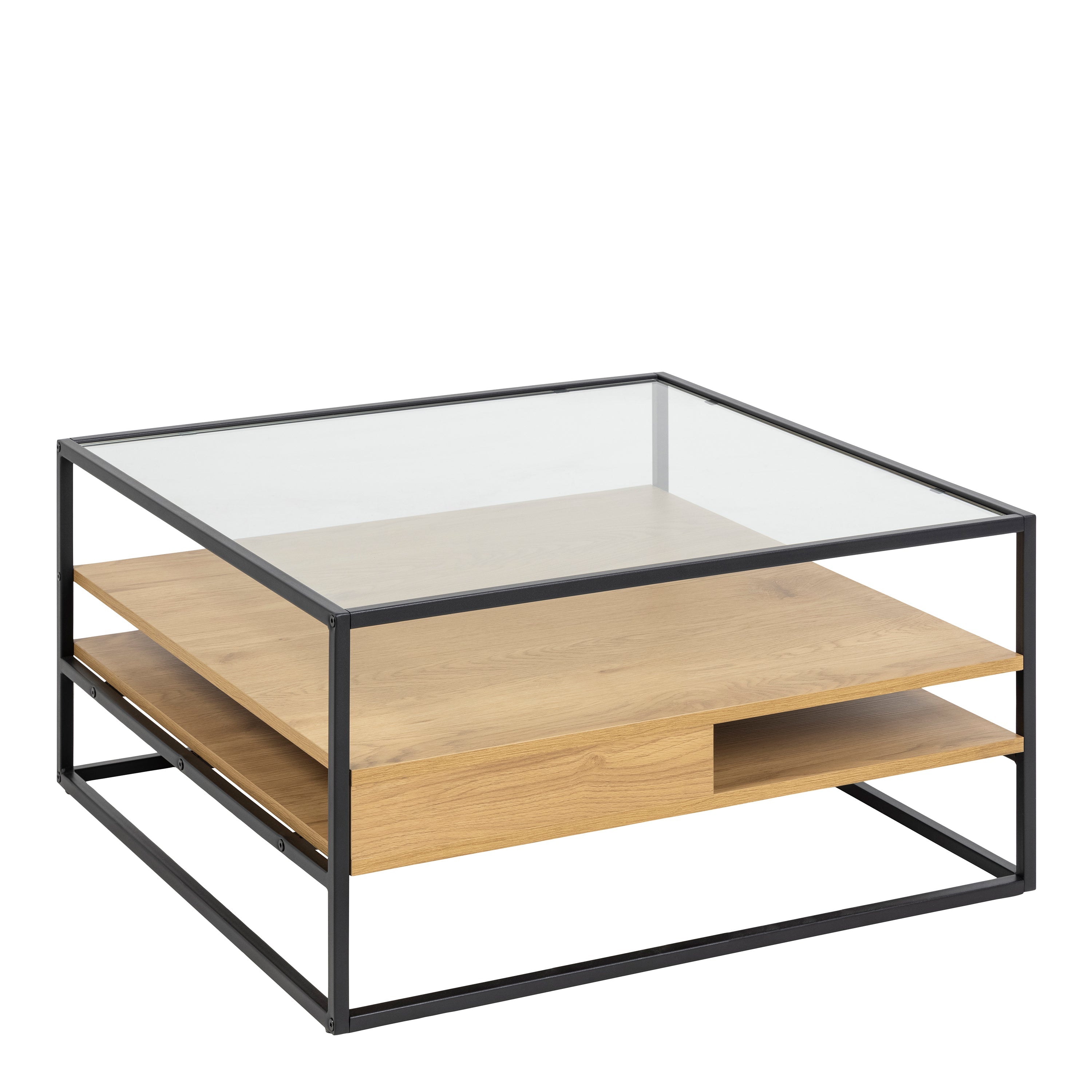 Randolf Square Coffee Table with 2 Shelves in Black and Oak – FTG