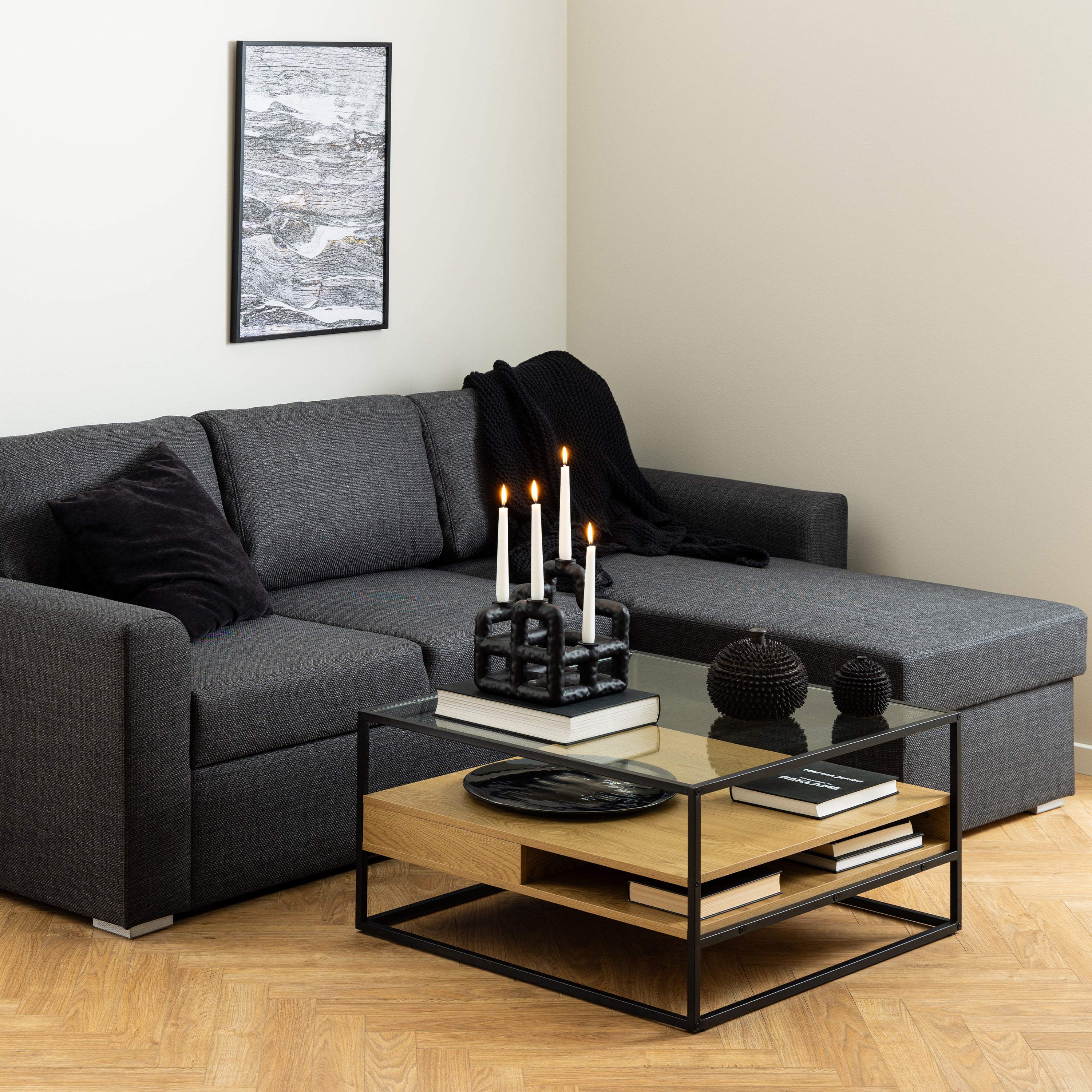 Randolf Square Coffee Table with 2 Shelves in Black and Oak – FTG, view 3
