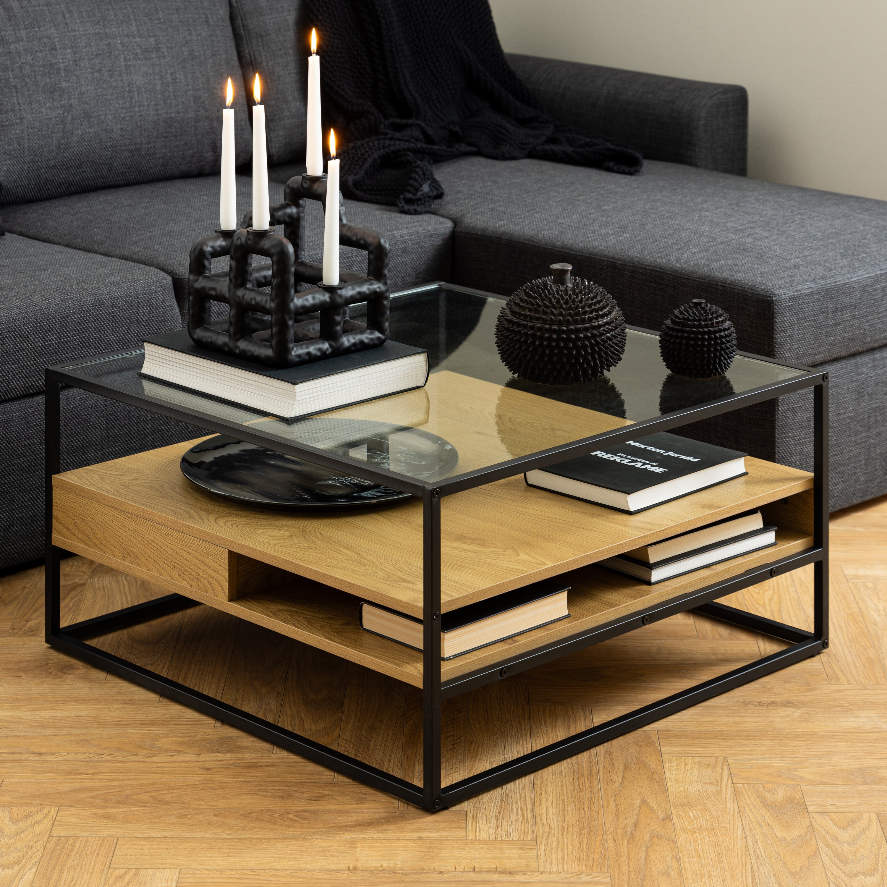 Randolf Square Coffee Table with 2 Shelves in Black and Oak – FTG, view 4