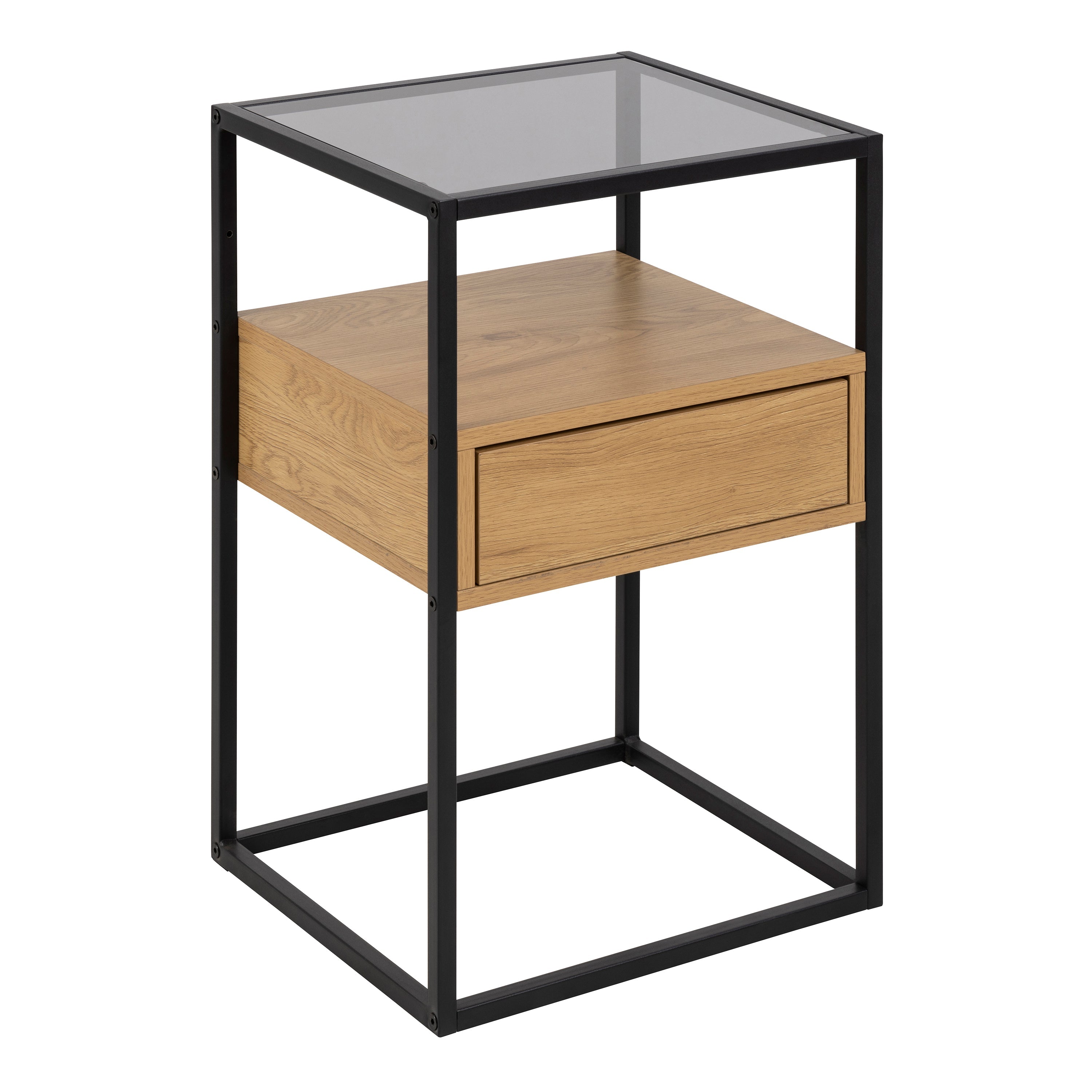 Randolf Square Bedside Table with 1 Drawer in Black and Oak – FTG