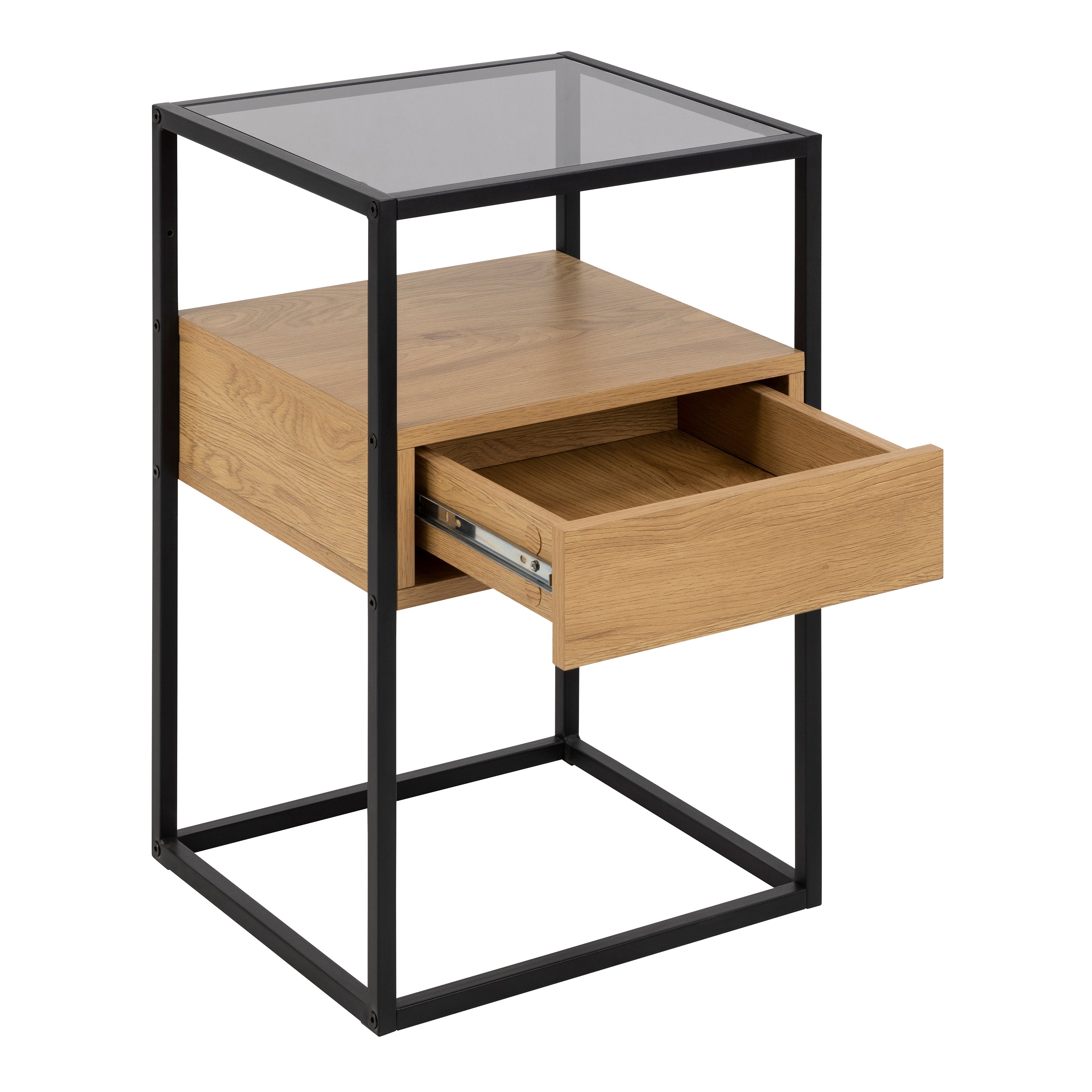 Randolf Square Bedside Table with 1 Drawer in Black and Oak – FTG, view 3