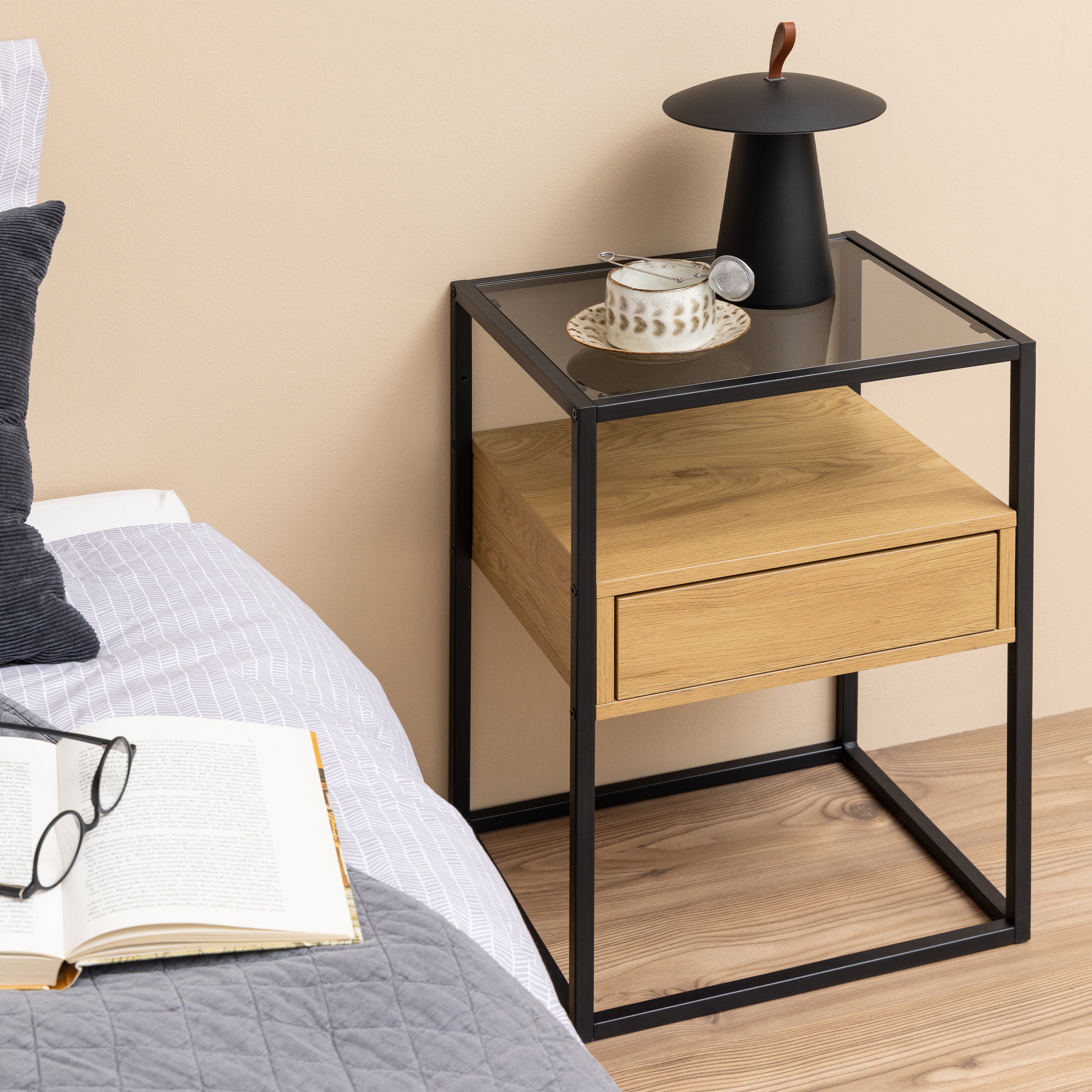 Randolf Square Bedside Table with 1 Drawer in Black and Oak – FTG, view 4