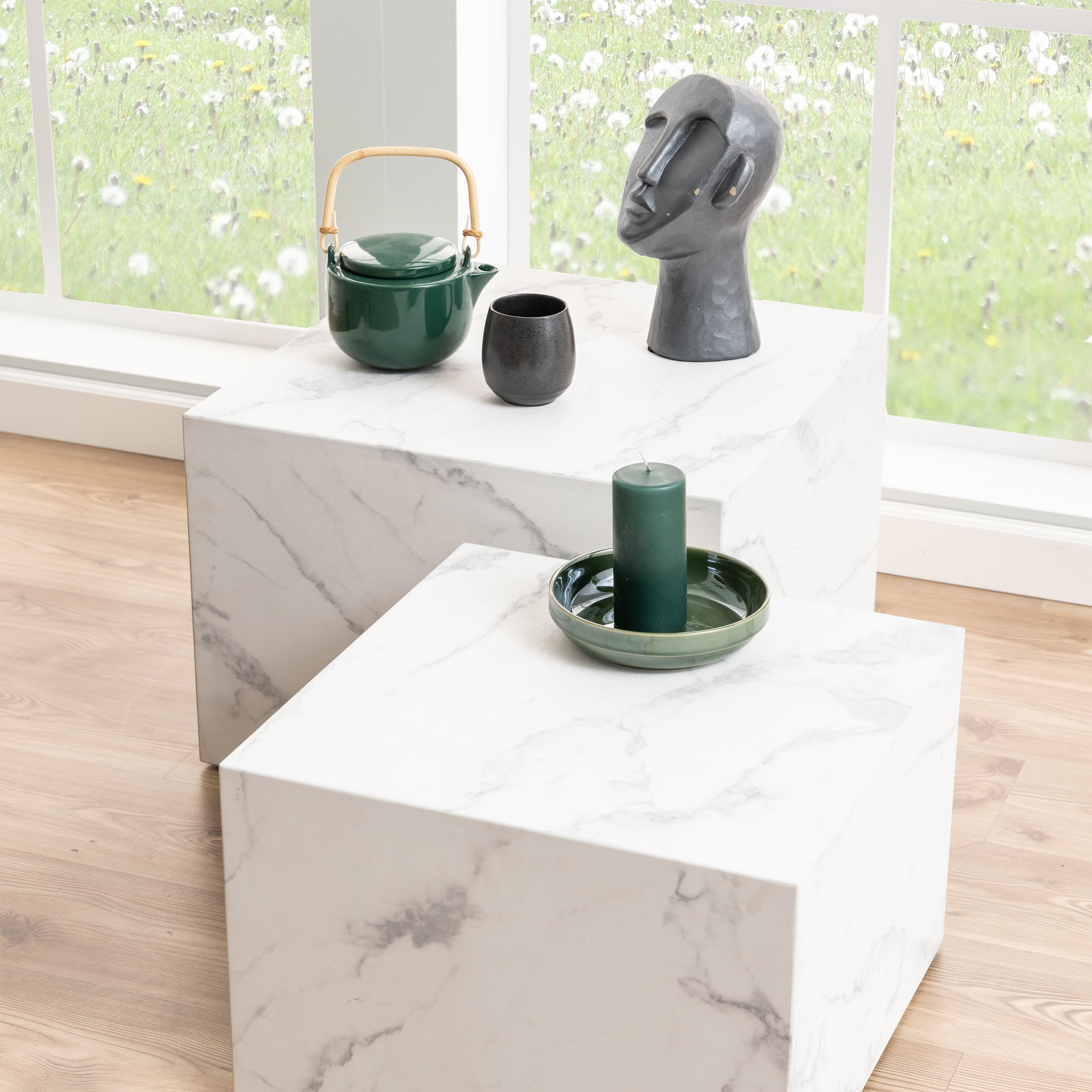 Dice Square Coffee Table Set in White Marble Carrara – FTG, view 4