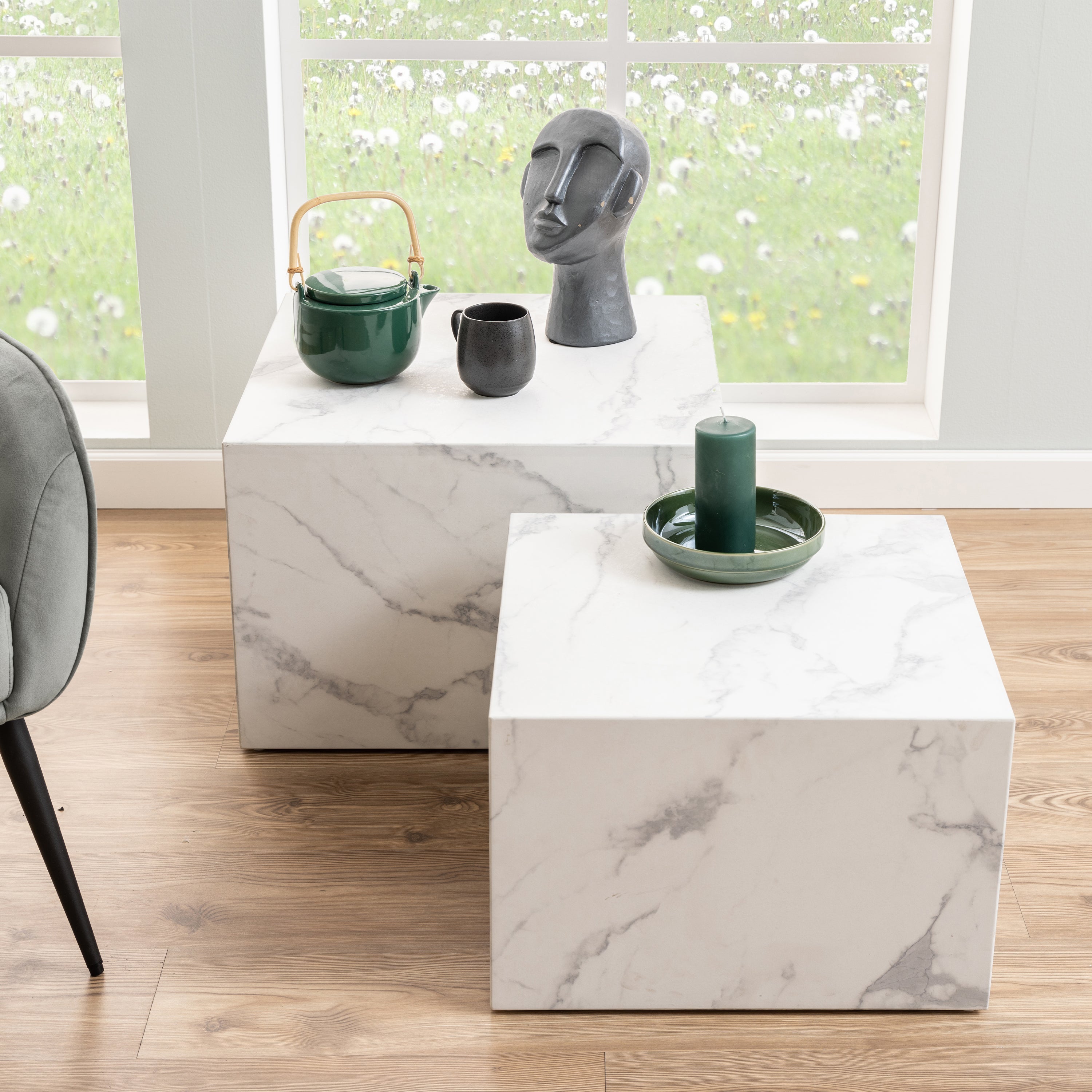 Dice Square Coffee Table Set in White Marble Carrara – FTG, view 5