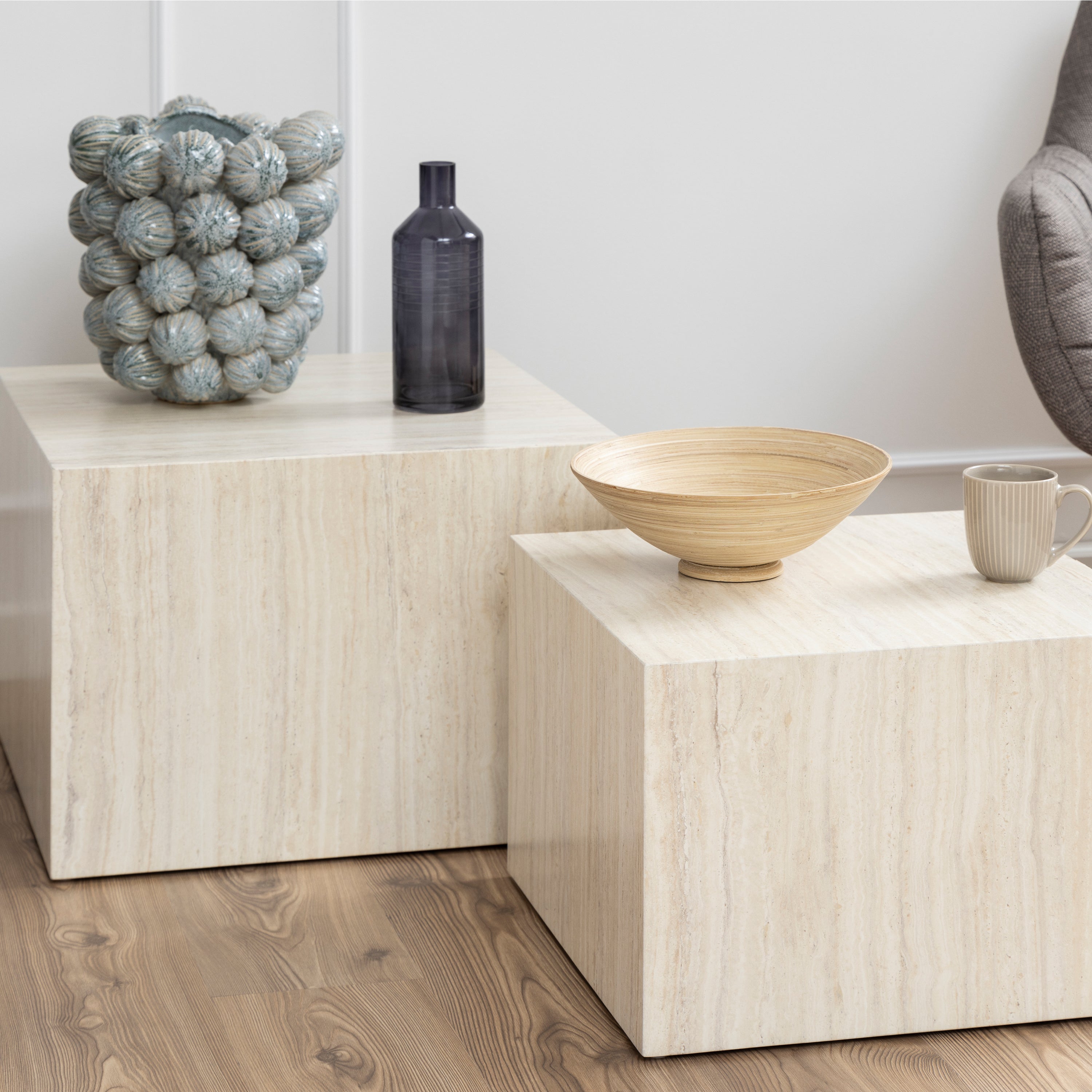 Dice Square Coffee Table Set in Light Travertine Effect – FTG, view 4