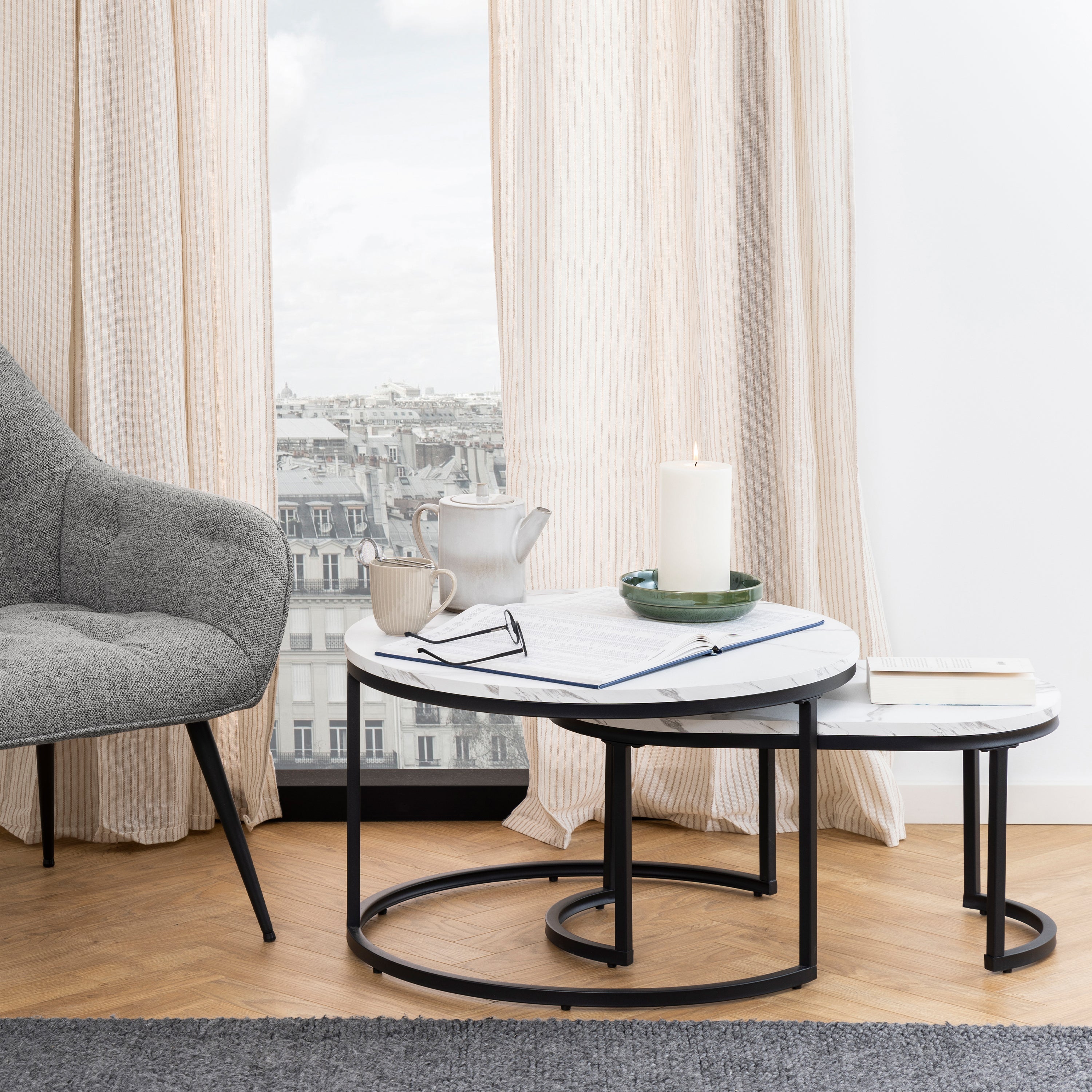Spiro Coffee Table Set with White Marble Melamine Top & Black Legs – FTG, view 4