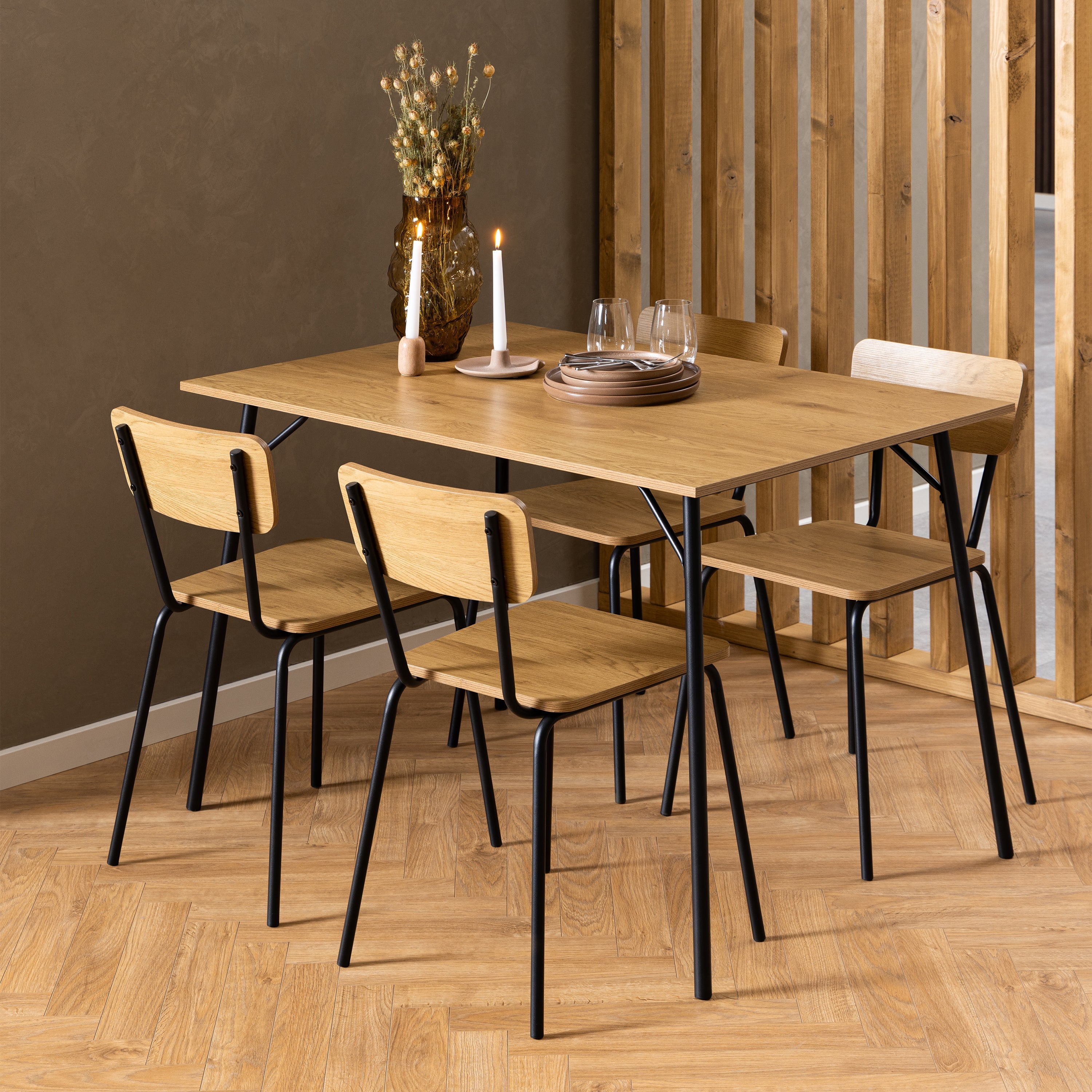 Peru Dining Table in Black and Oak Included 4 Peru Dining Chair in Steel and Oak – FTG