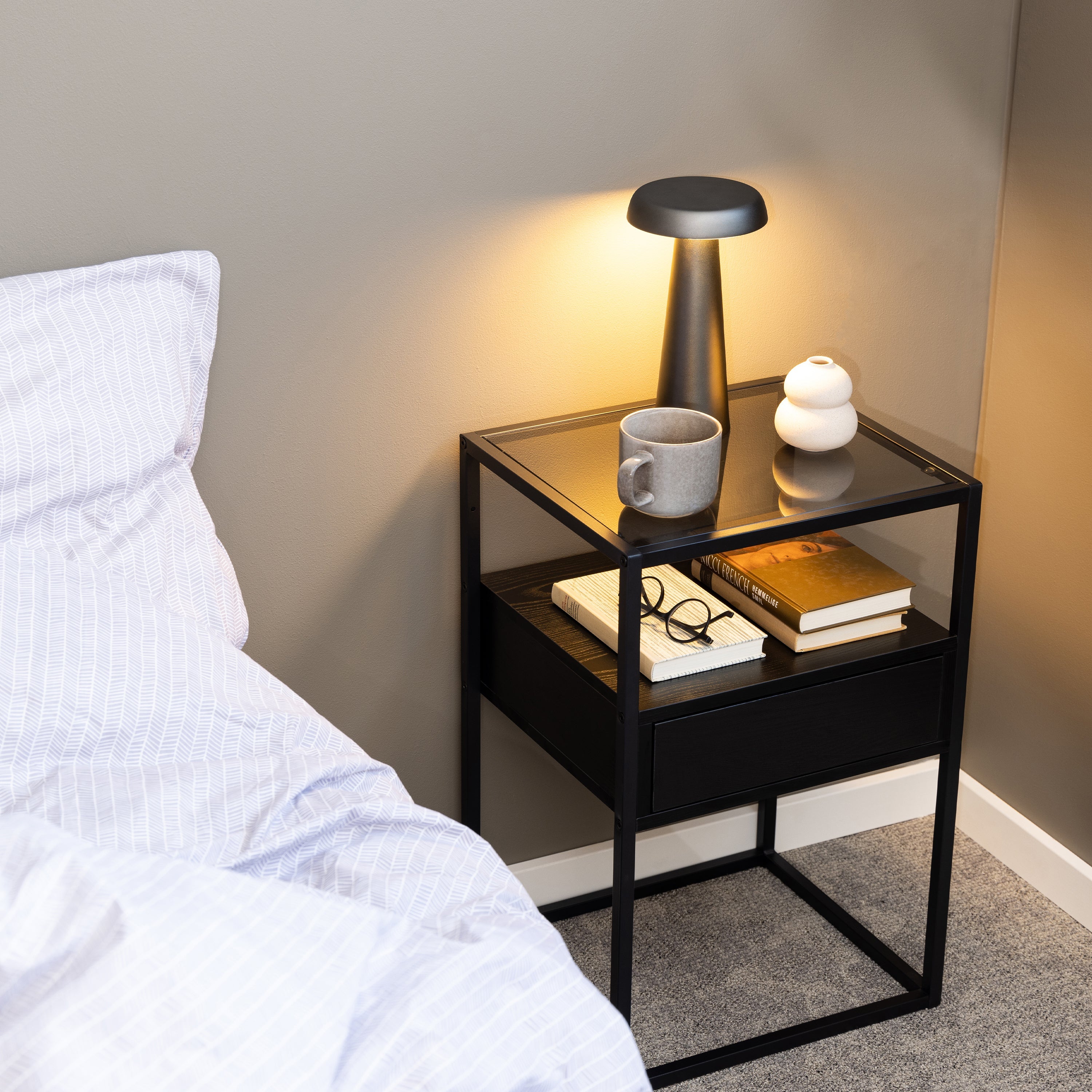 Randolf Bedside Table in Black with Smoked Glass – FTG, view 5
