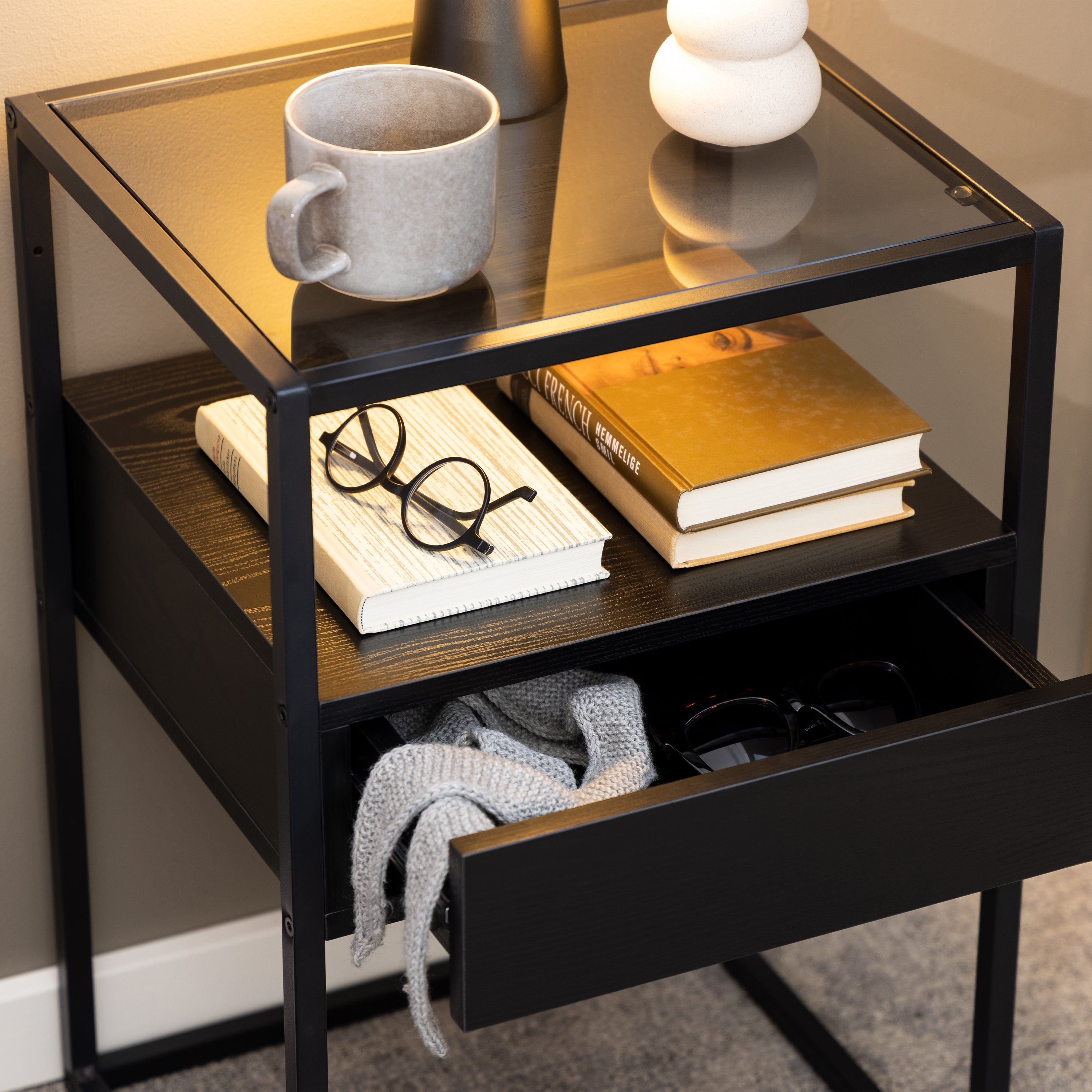 Randolf Bedside Table in Black with Smoked Glass – FTG, view 6