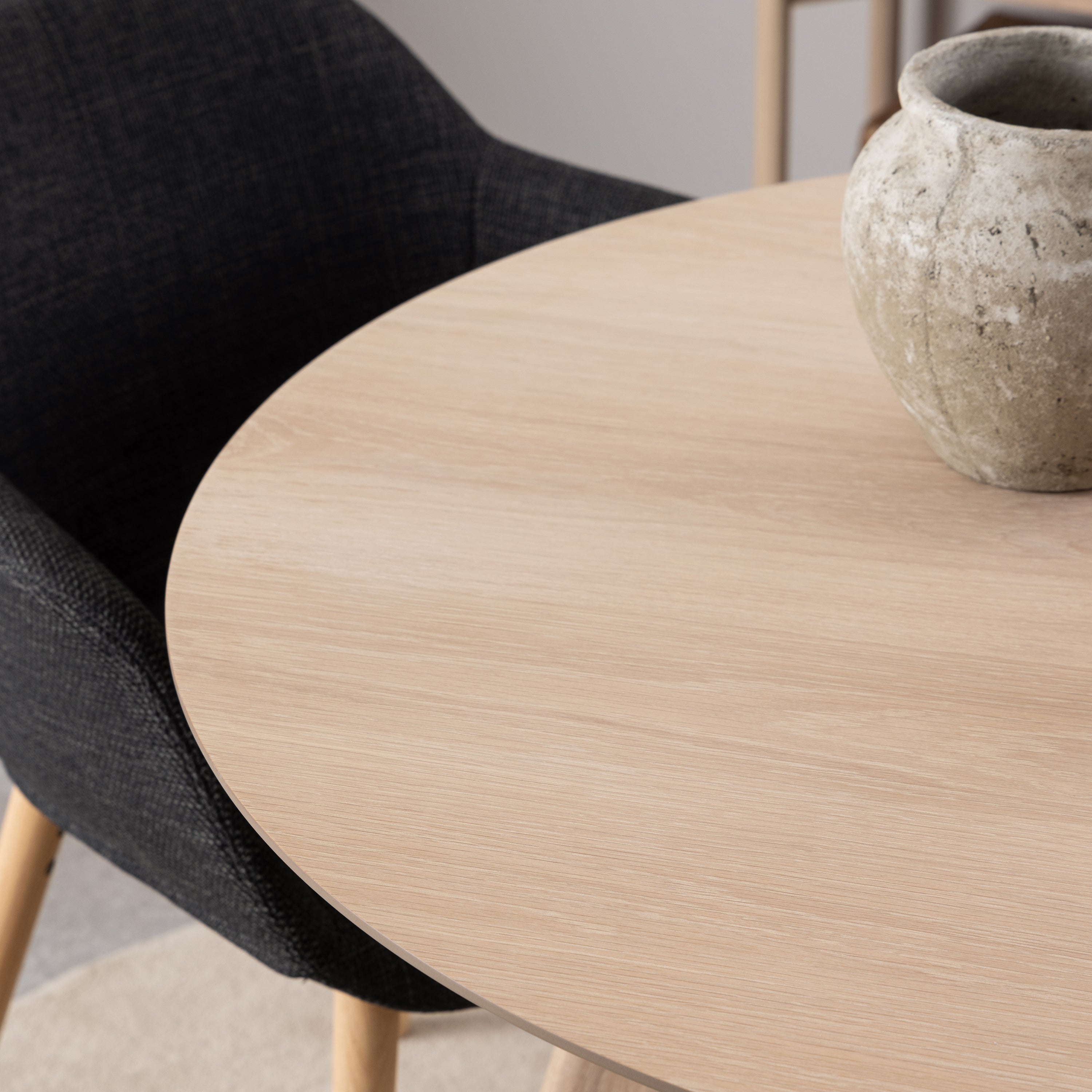 Townsville Round Dining Table in White and Oak Included 4 Batilda Dining Chairs with Grey Fabric and Oak – FTG, view 4