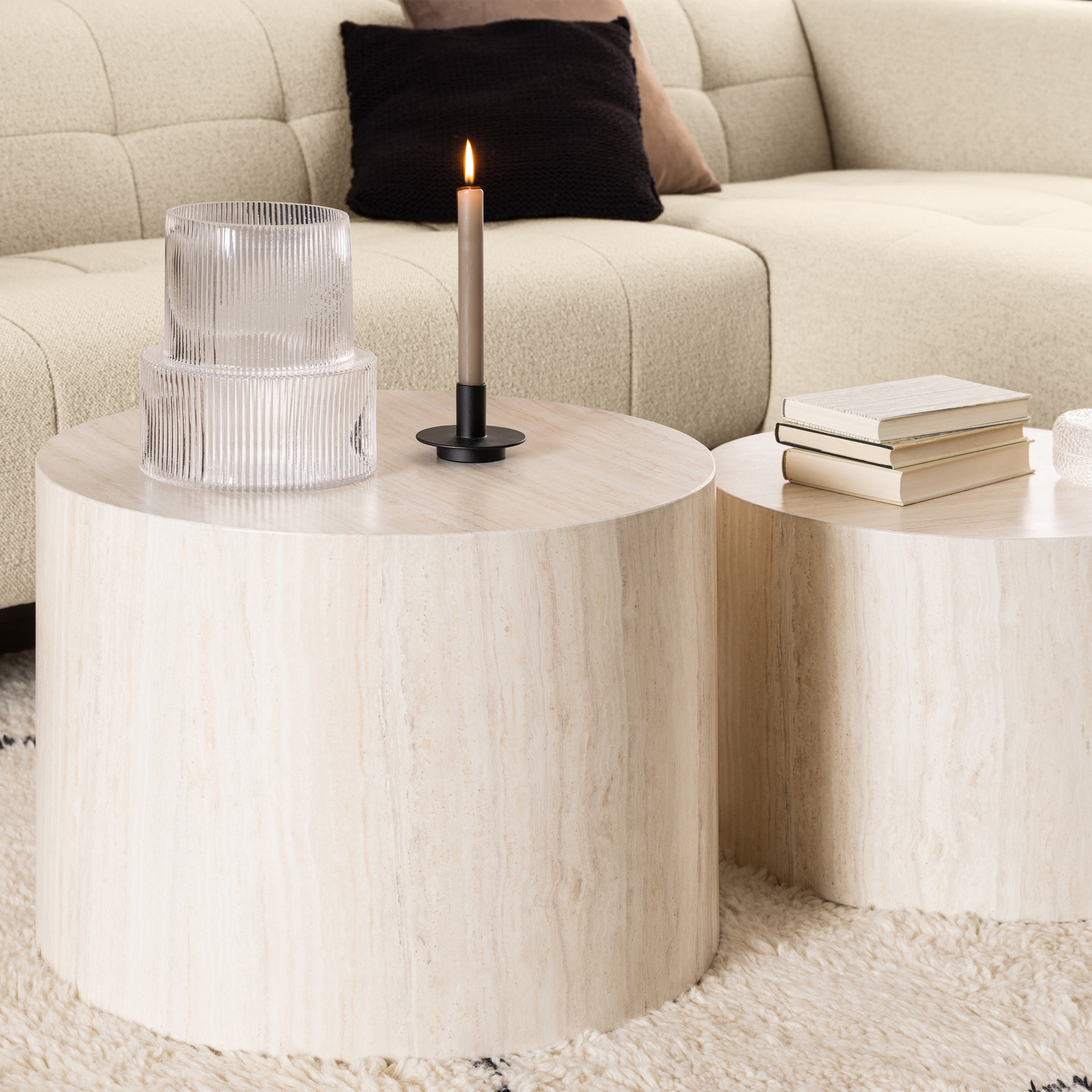Dice Round Coffee Table Set in Light Travertine Effect – FTG, view 4
