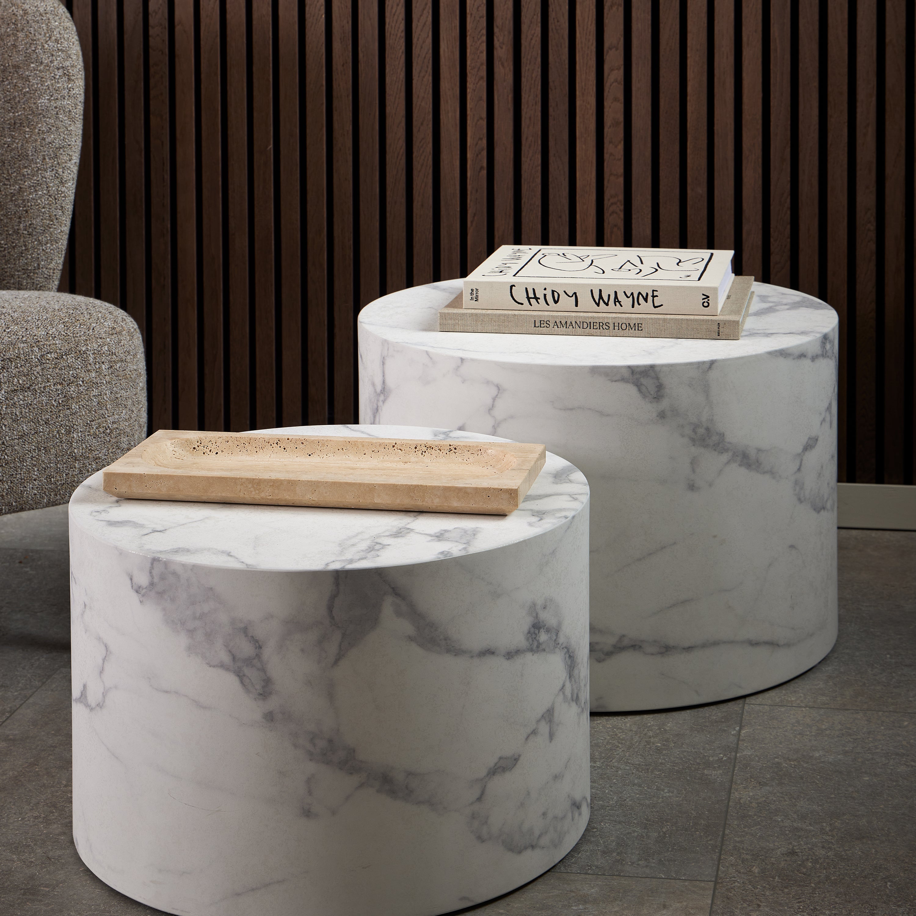 Dice Round Coffee Table Set of 2 in White Marble and Carrara Rough Paper – FTG, view 4