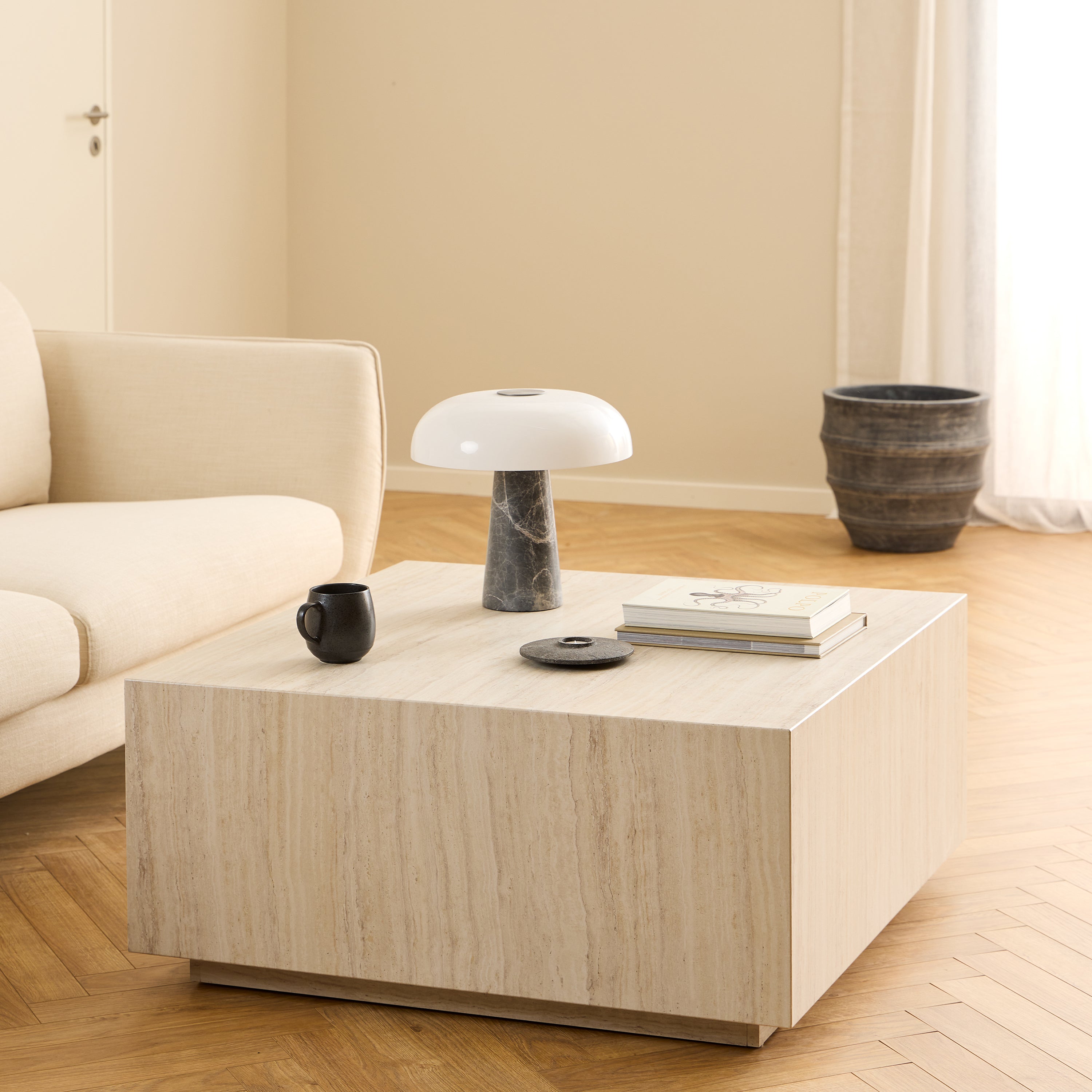 Dice Square Coffee Table in Light Travertine Effect 90x90x42cm – FTG, view 3