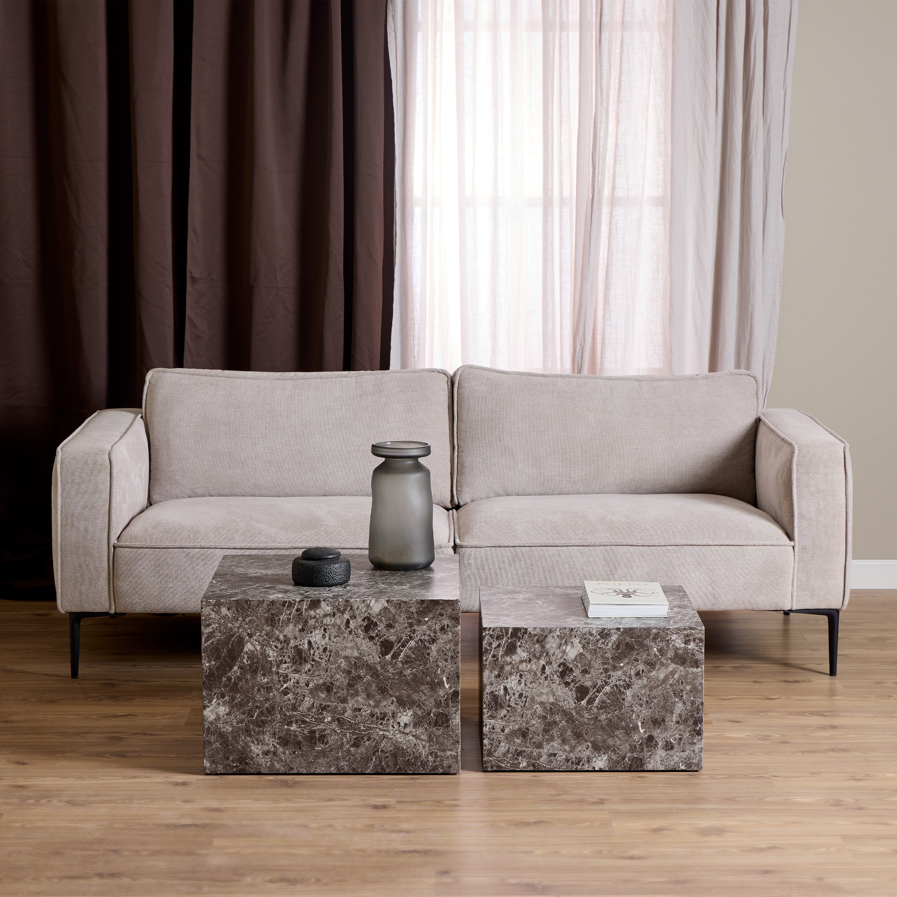 Dice Square Coffee Table Set in Light Brown Emperador Rough Paper – FTG, view 3