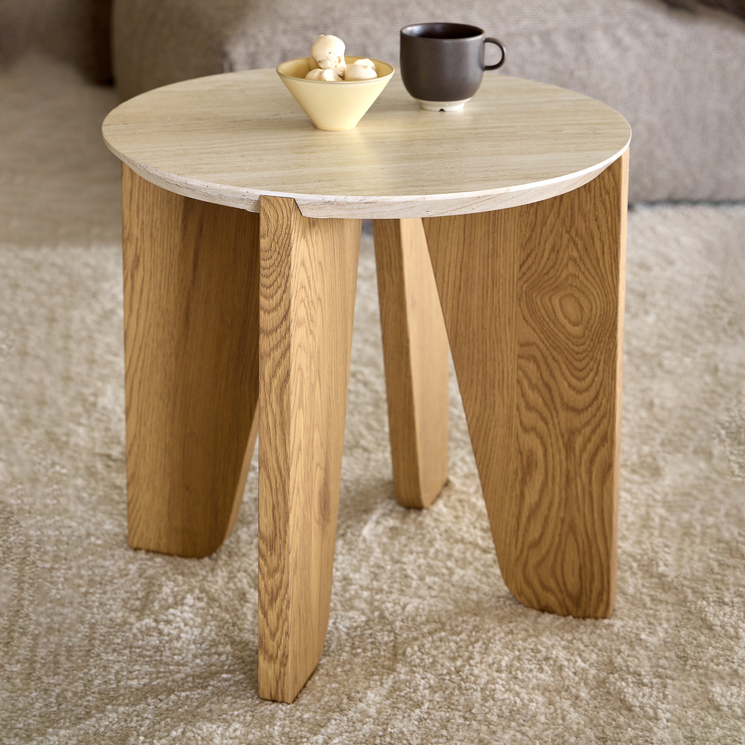 Dockland Round Side Table in Travertine & Wild Oak