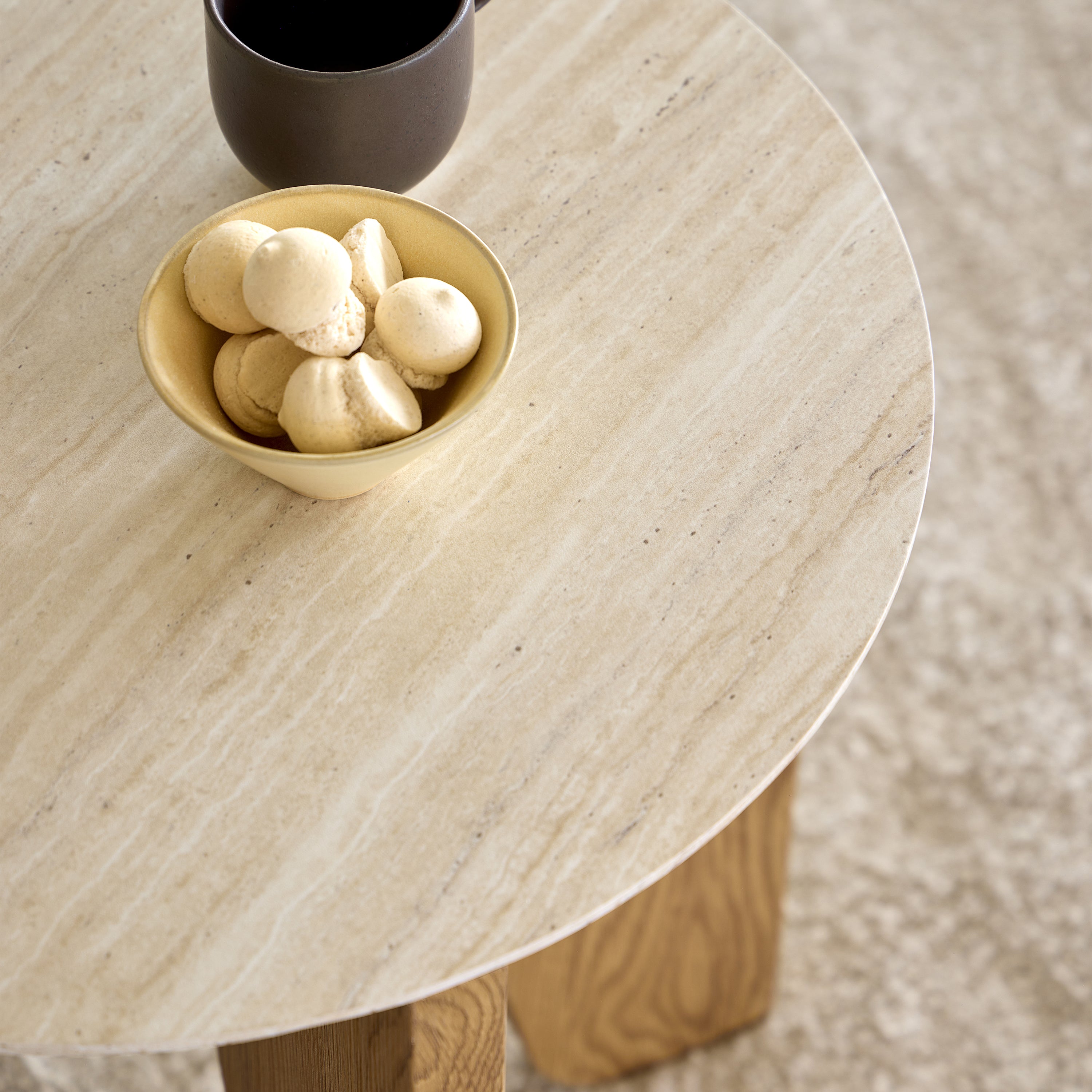 Dockland Round Side Table in Travertine & Wild Oak