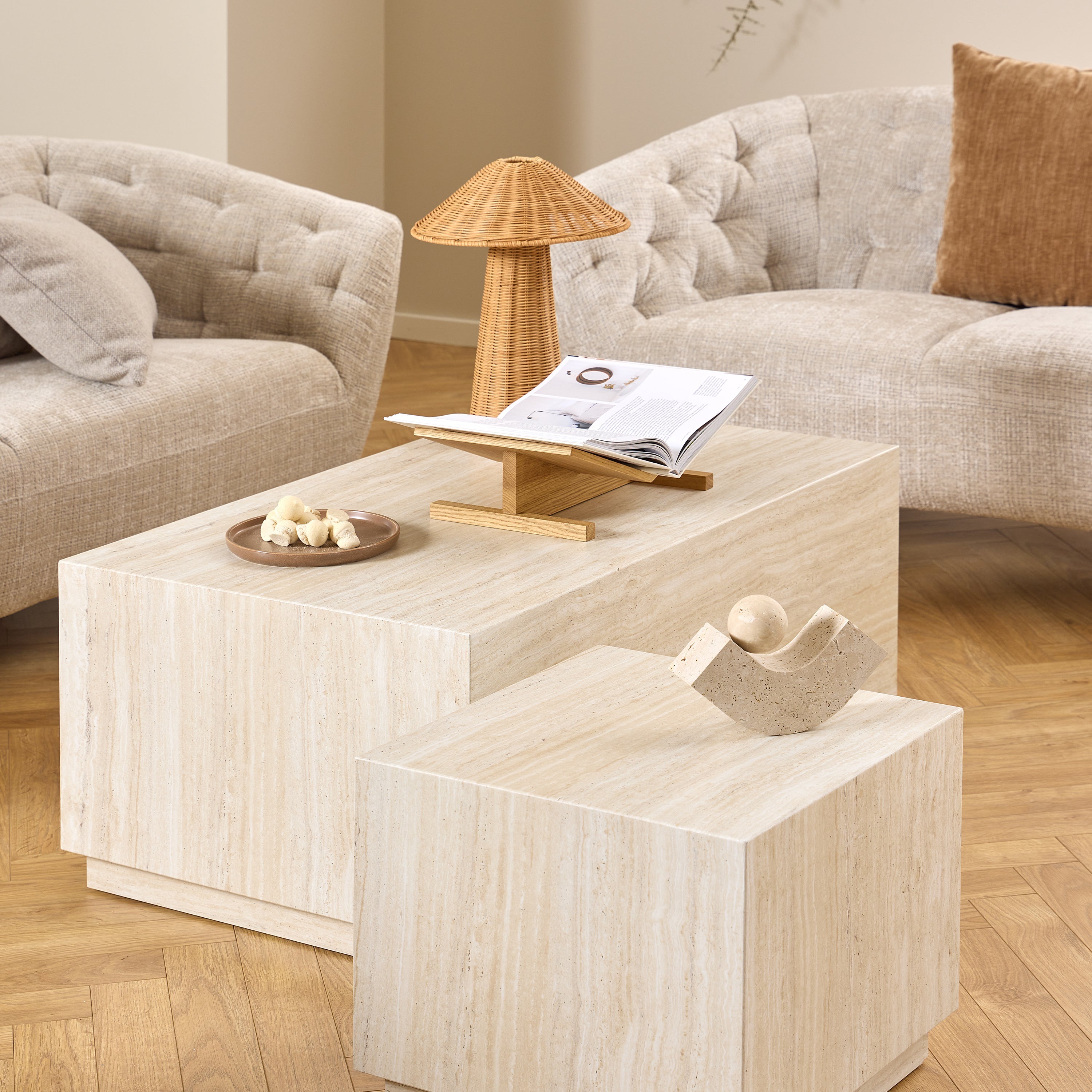 Dice Square and Rectangular Coffee Table Set of 2 in Travertine Rough Paper Effect – FTG, view 5