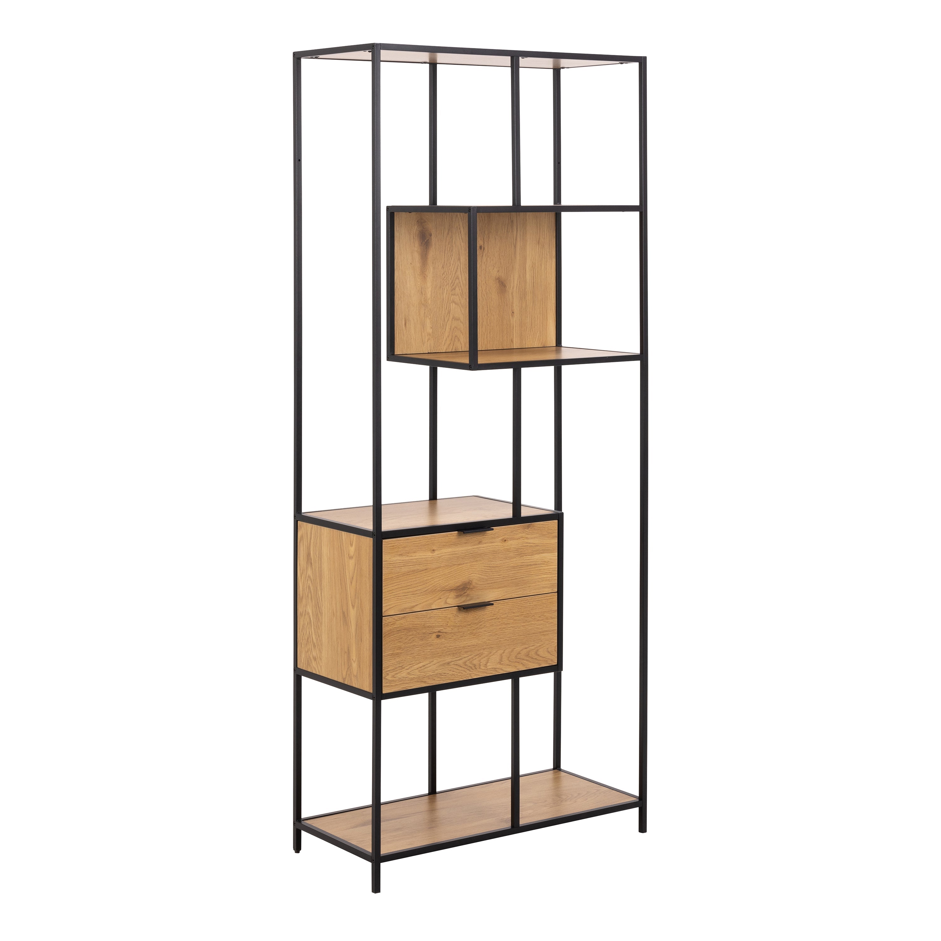 Seaford Tall Wild Oak Metal 2 Drawer Bookcase With 4 Shelves – FTG