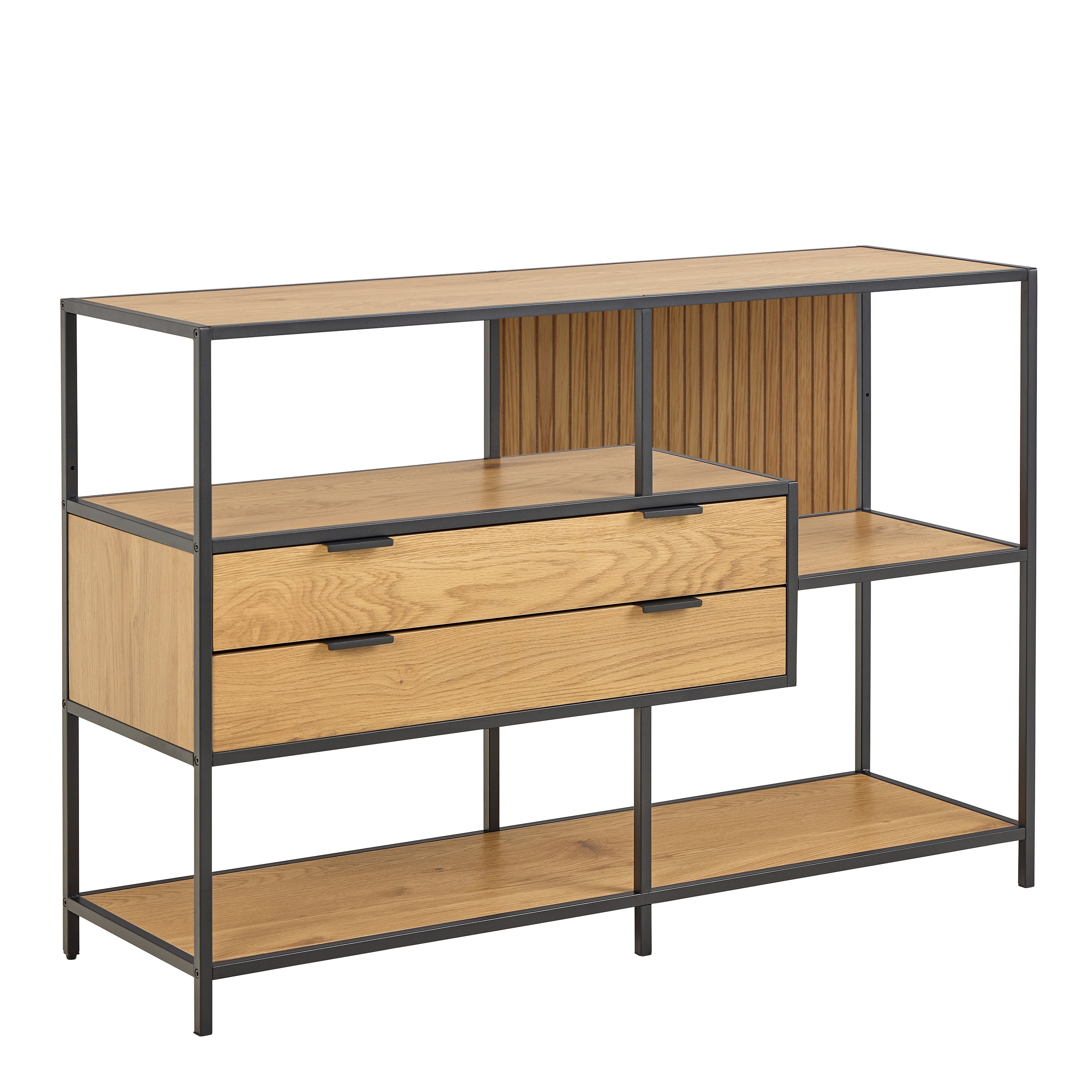 Seaford Wide Oak Metal Bookcase 2 Drawers and 3 Shelves in Matt Wild Oak – FTG, view 5