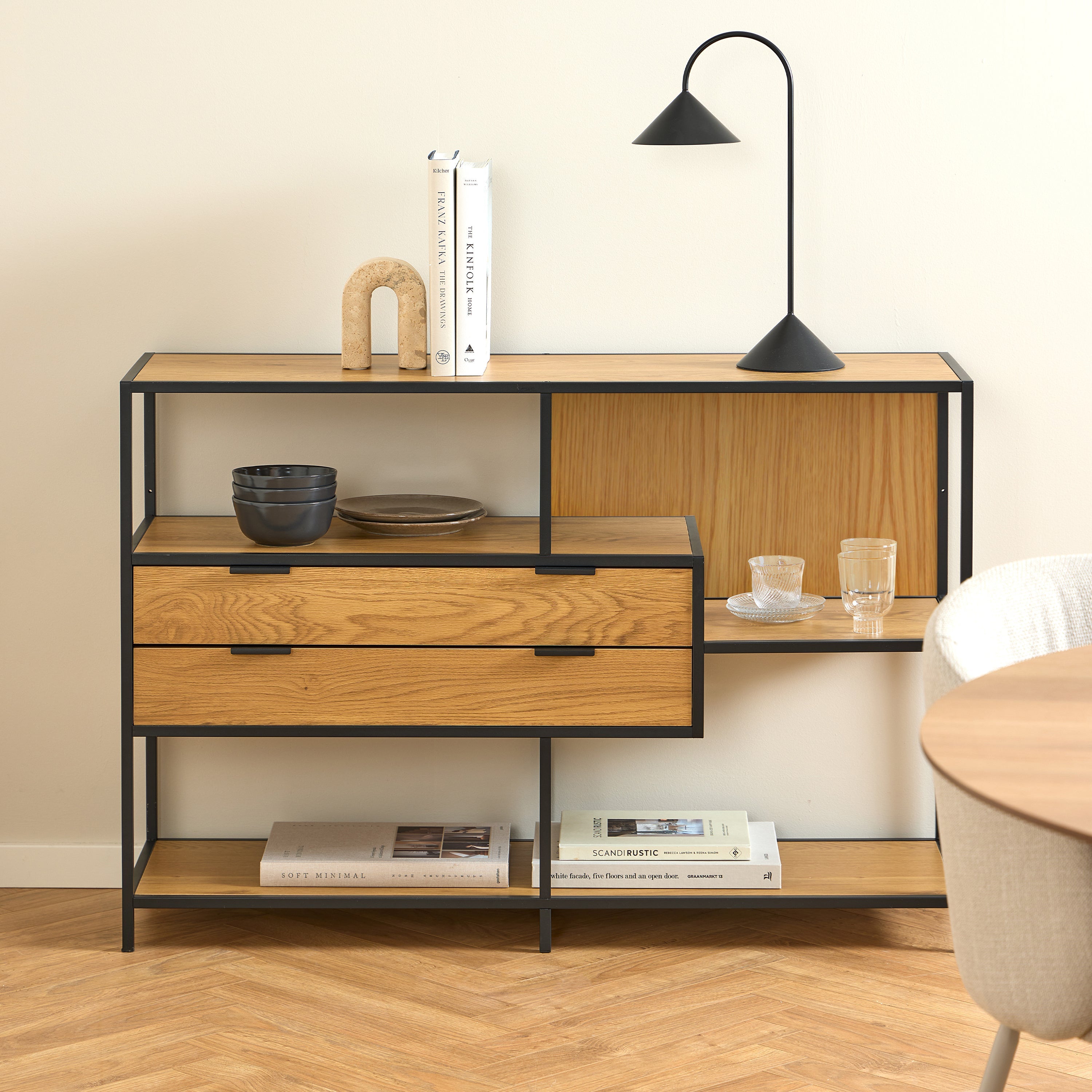 Seaford Wide Oak Metal Bookcase 2 Drawers and 3 Shelves in Matt Wild Oak – FTG, view 6