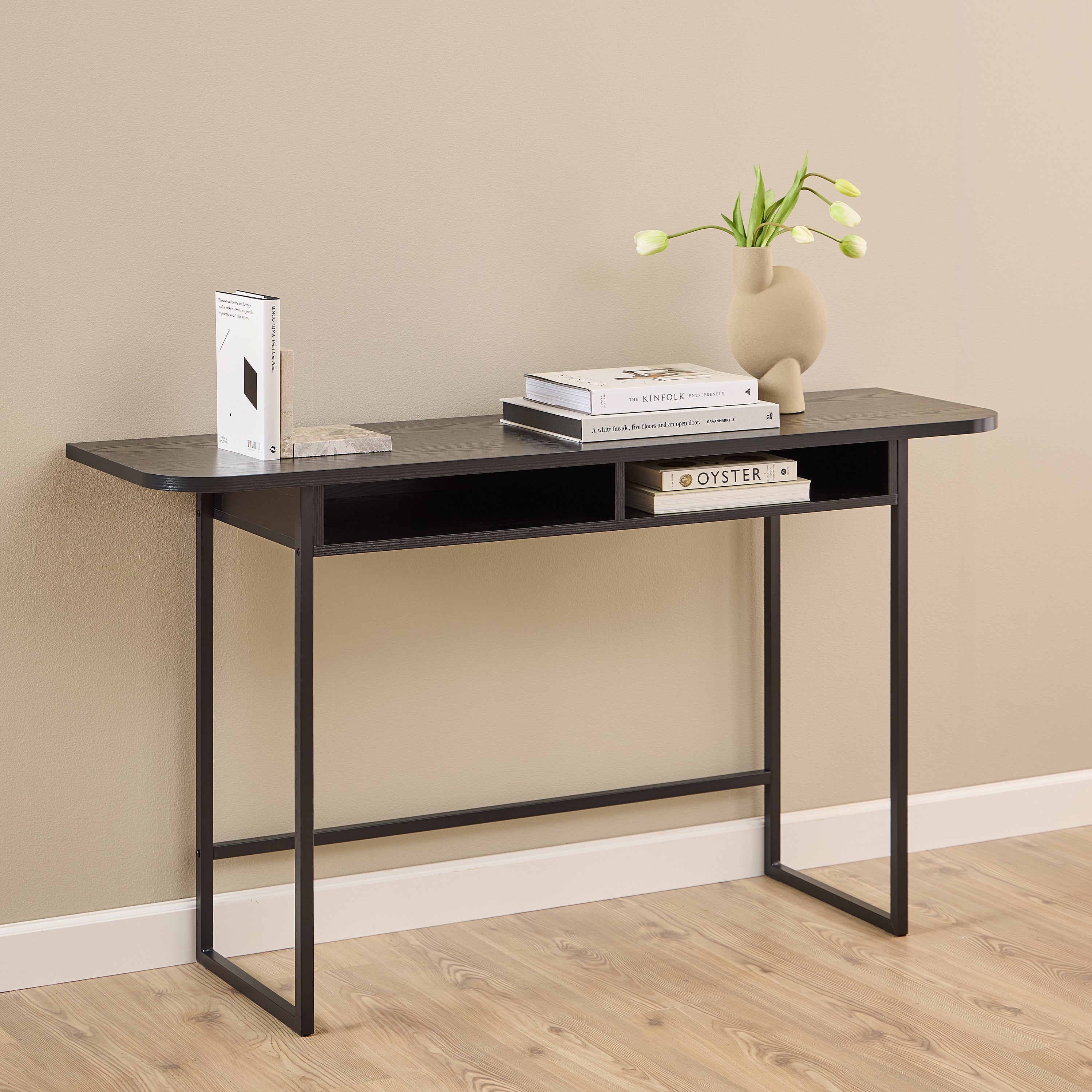 Darlington Console Table With Open Shelf and Oak Top in Black – FTG, view 4