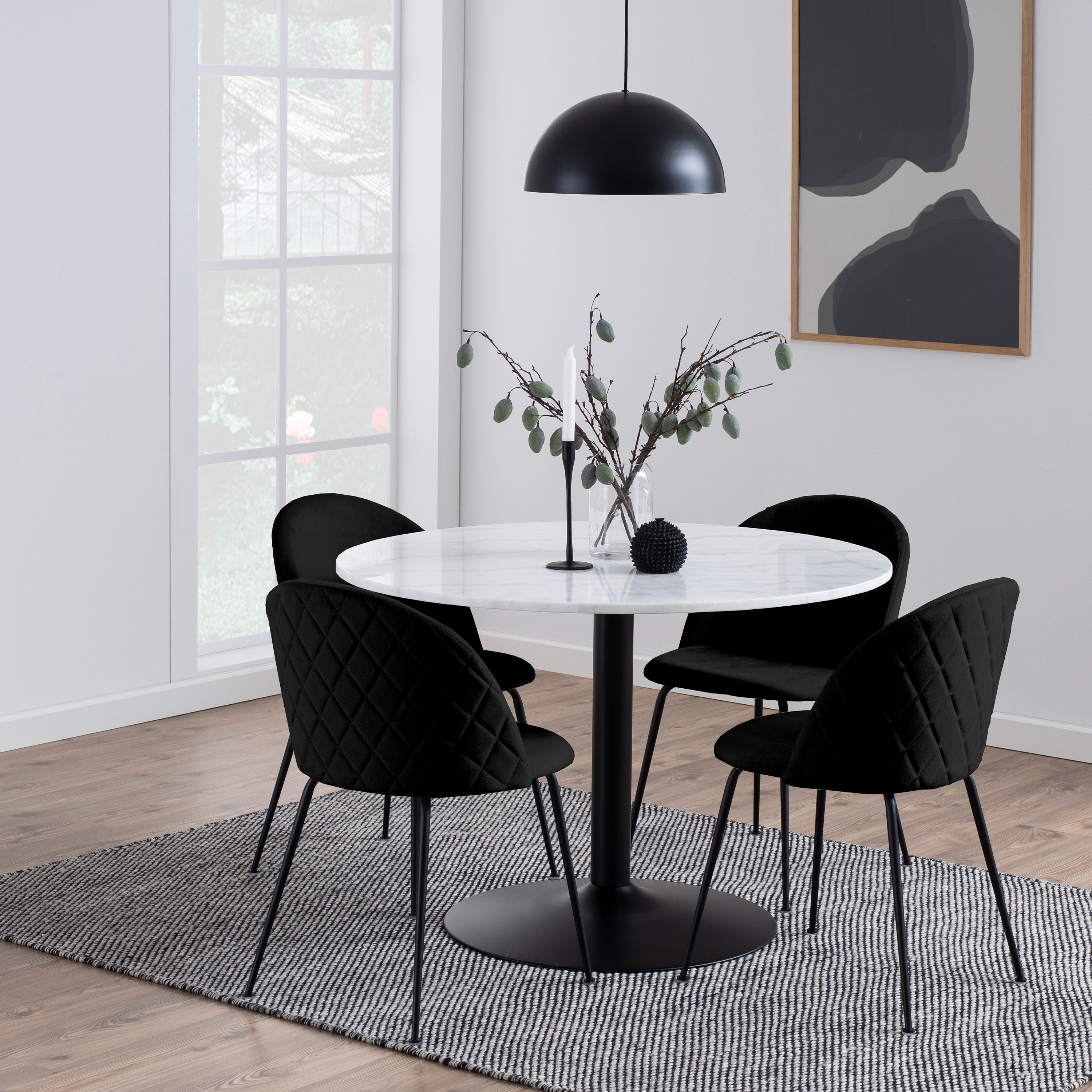 Tarifa Round Dining Table with White Polished Marble Top and Black Base – FTG, view 5