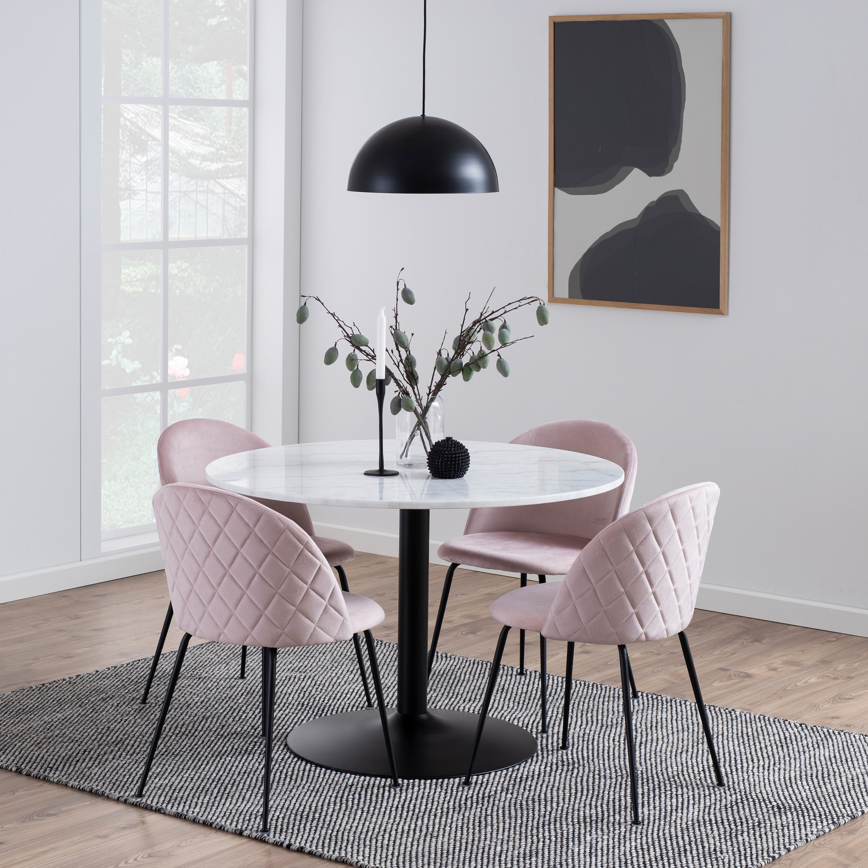 Tarifa Round Dining Table with White Polished Marble Top and Black Base – FTG, view 6