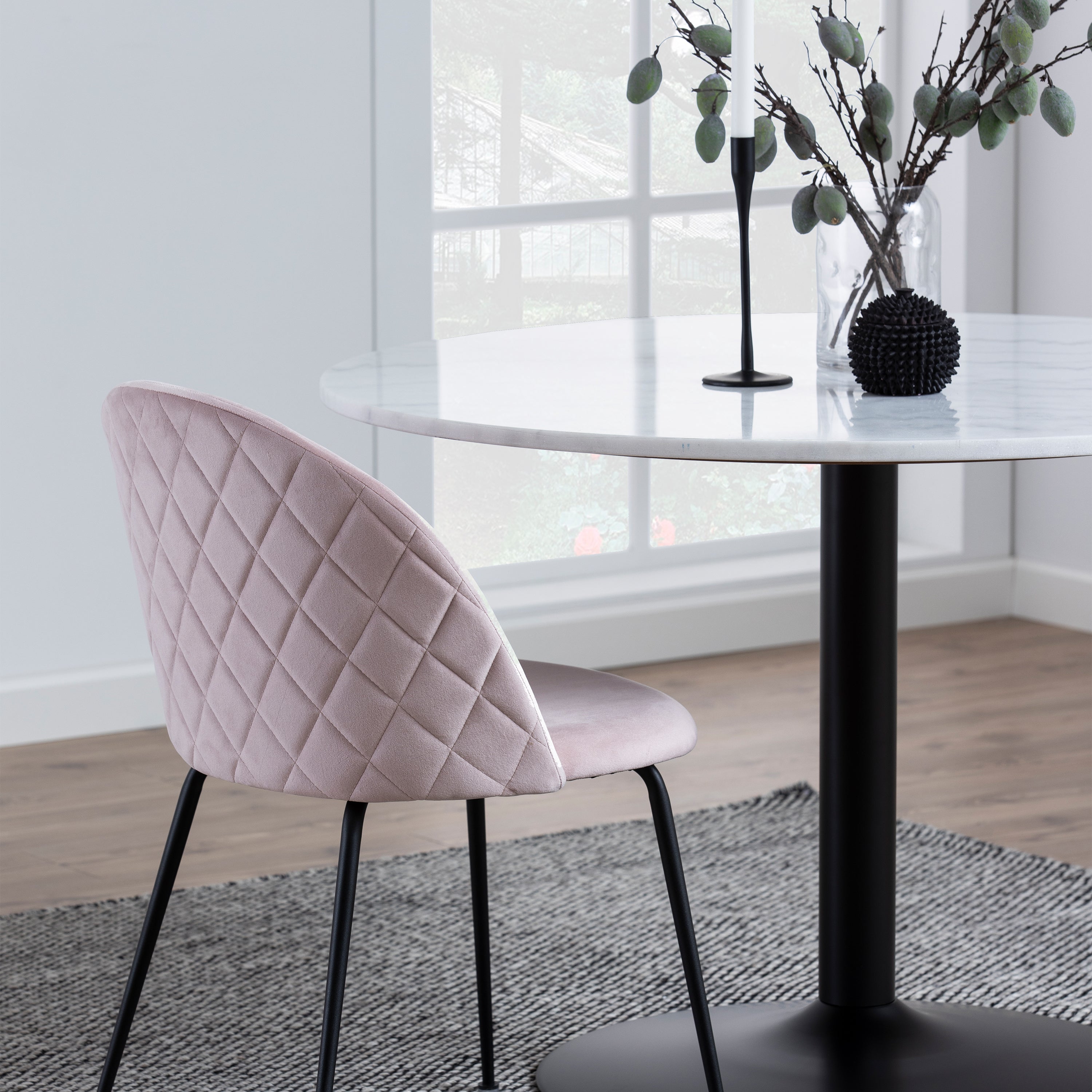 Tarifa Round Dining Table with White Polished Marble Top and Black Base – FTG, view 8