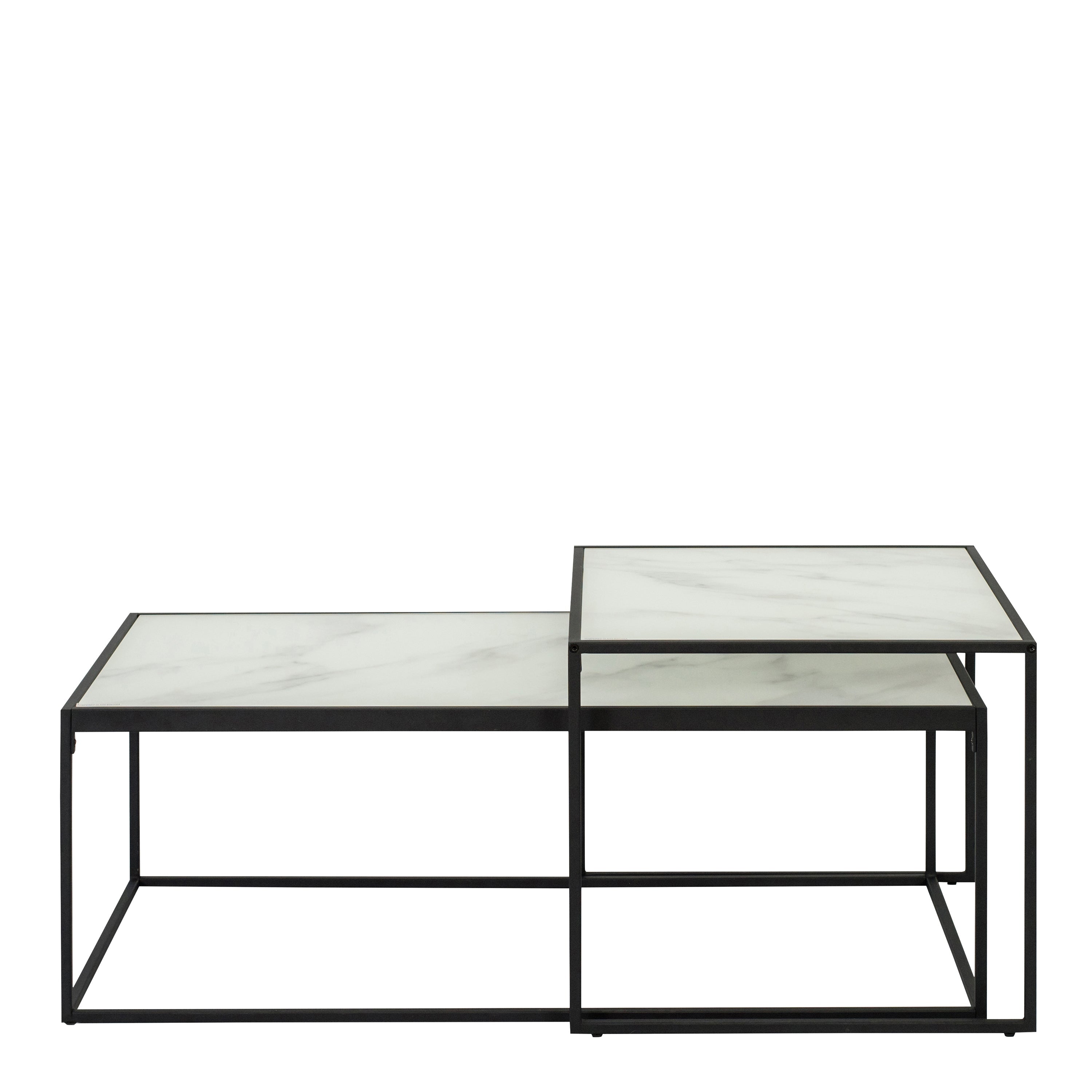 Bolton Coffee Table Set with White Crystal Clear Marble Torino Glass Top & Black Legs – FTG, view 2