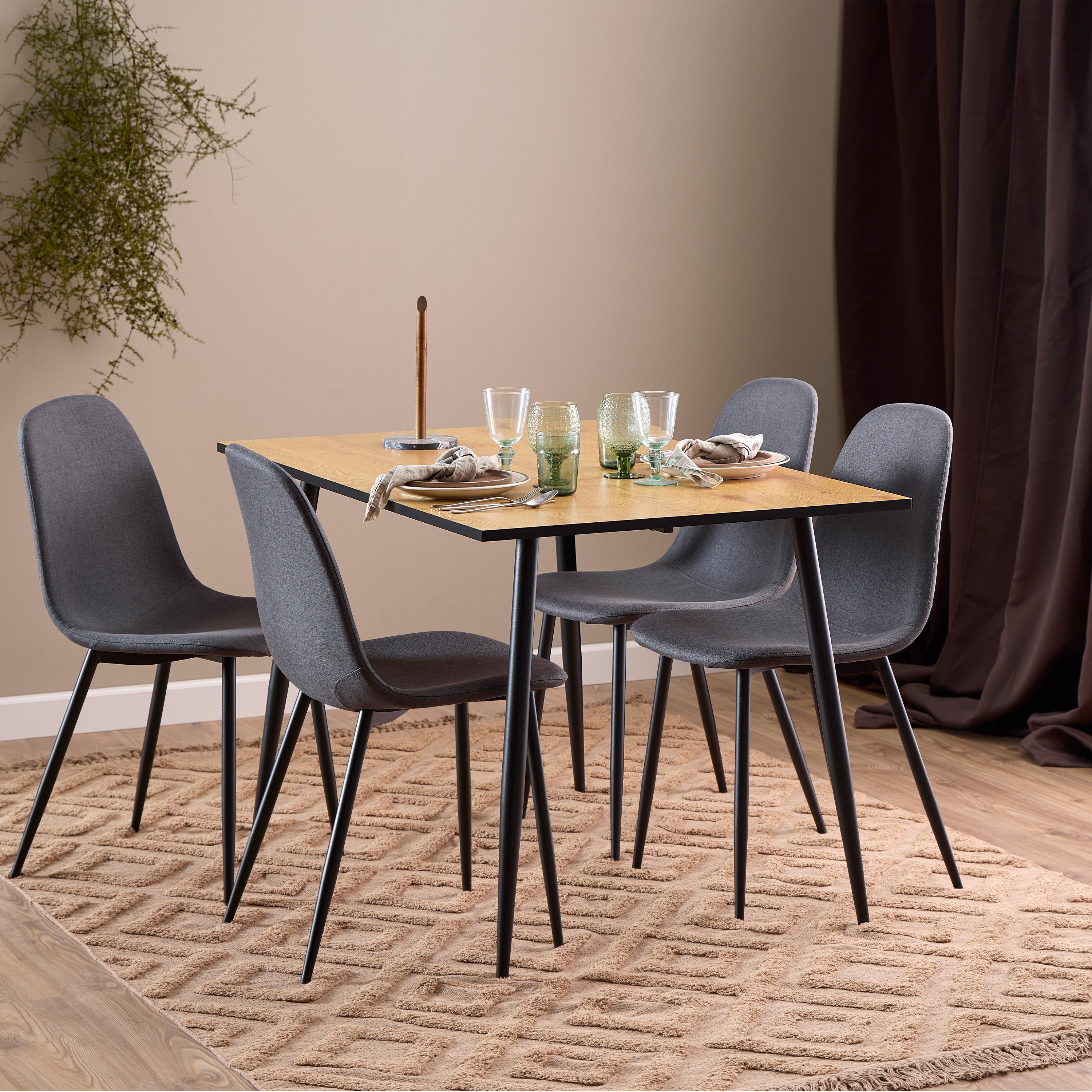 Wilma Dining Table with Oak Top & Black Legs Included 4 Celia Dining Chair in Light Grey – FTG