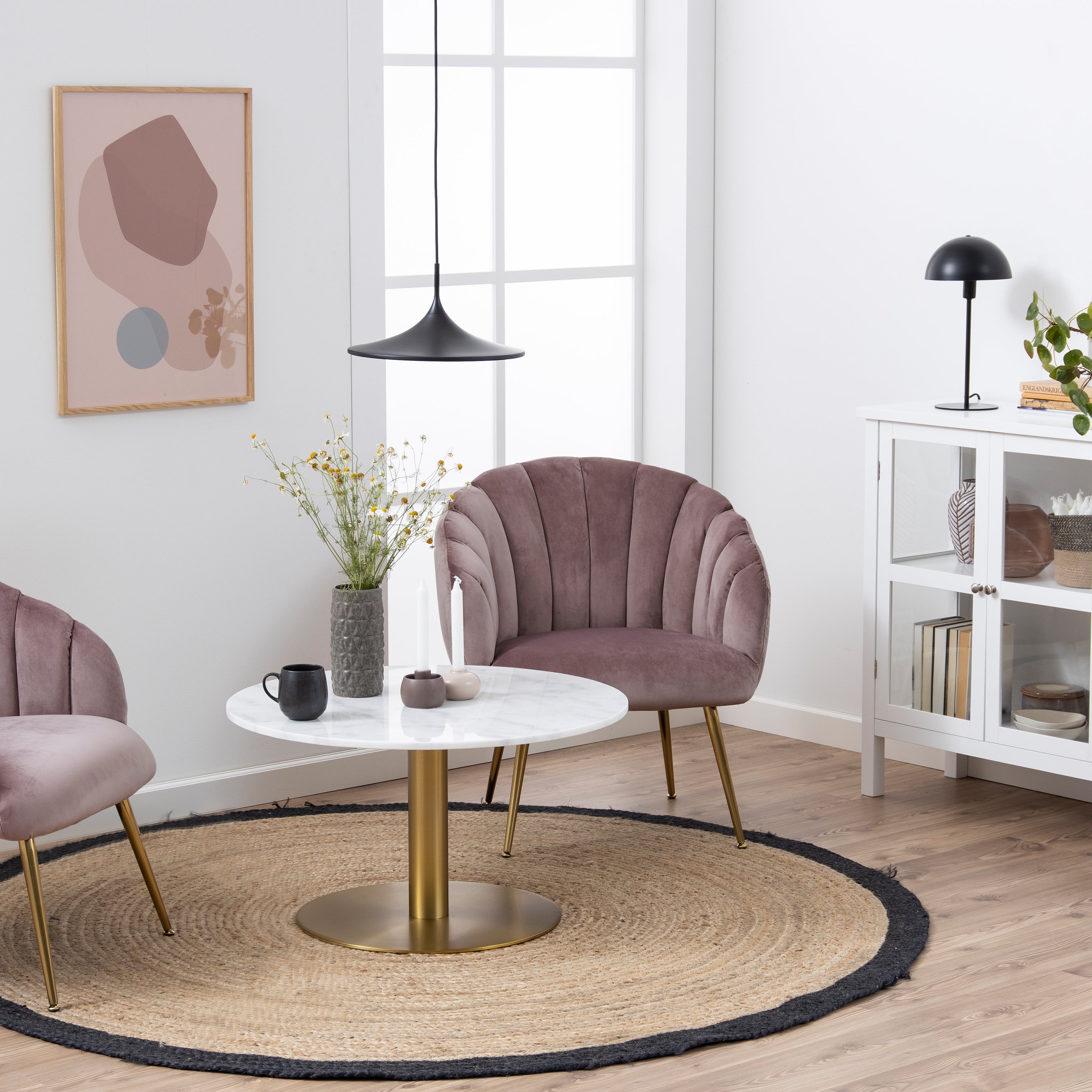 Corby Round Coffee Table with White Polished Marble Top & Gold Base – FTG, view 3