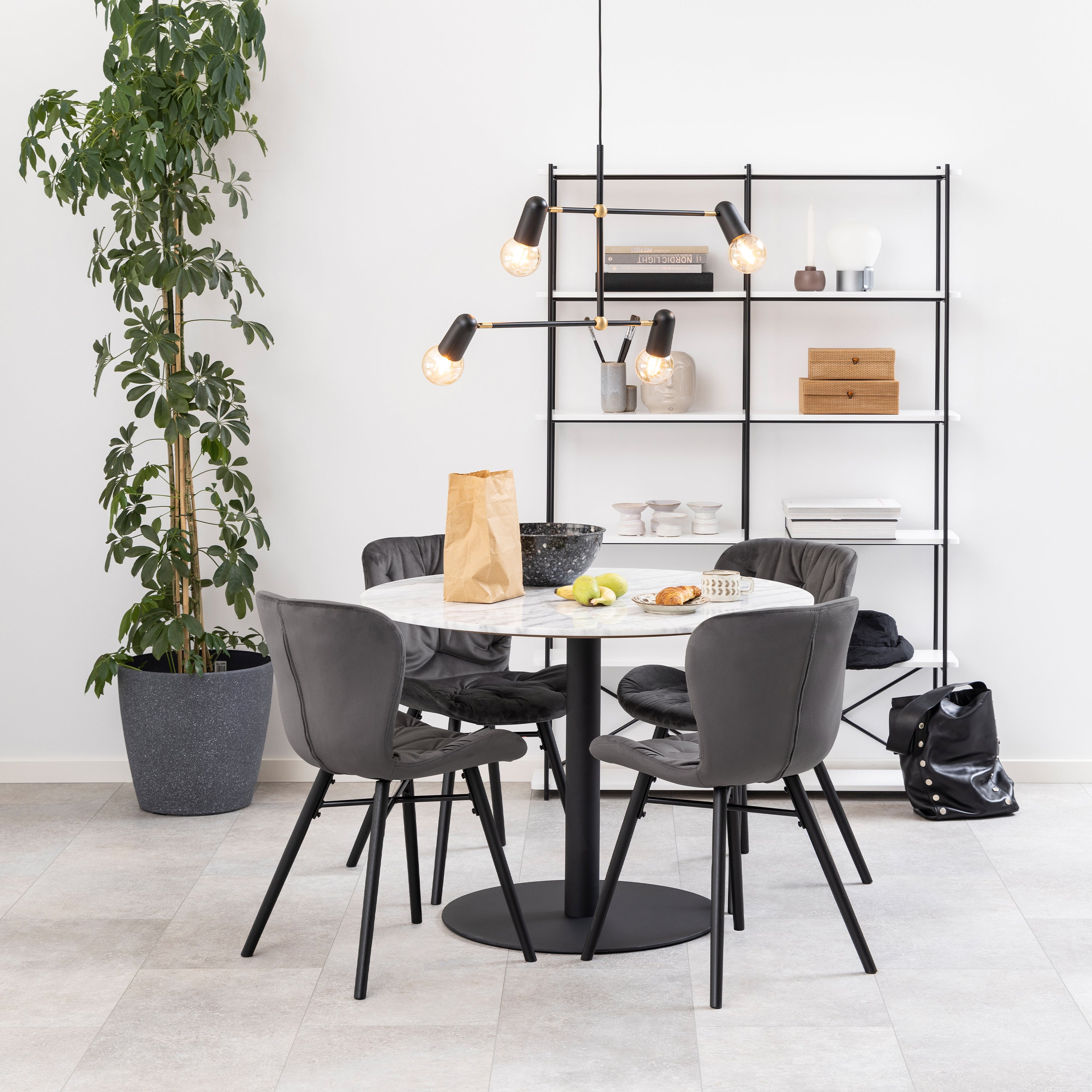 Corby Round Dining Table with White Polished Marble Top & Black Base – FTG, view 2