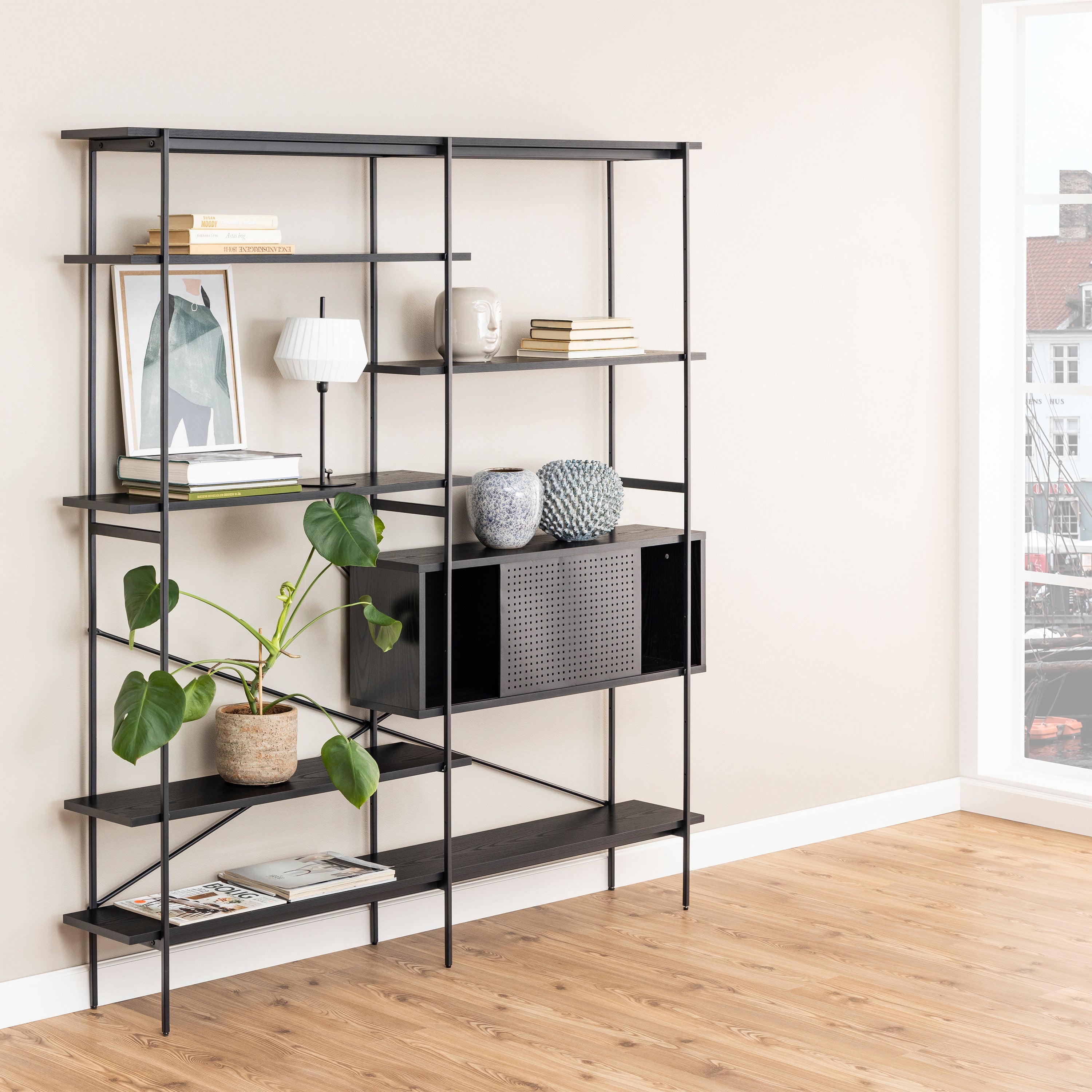 Angus Bookcase with 1 Sliding Door & 5 Shelves in Black – FTG, view 8