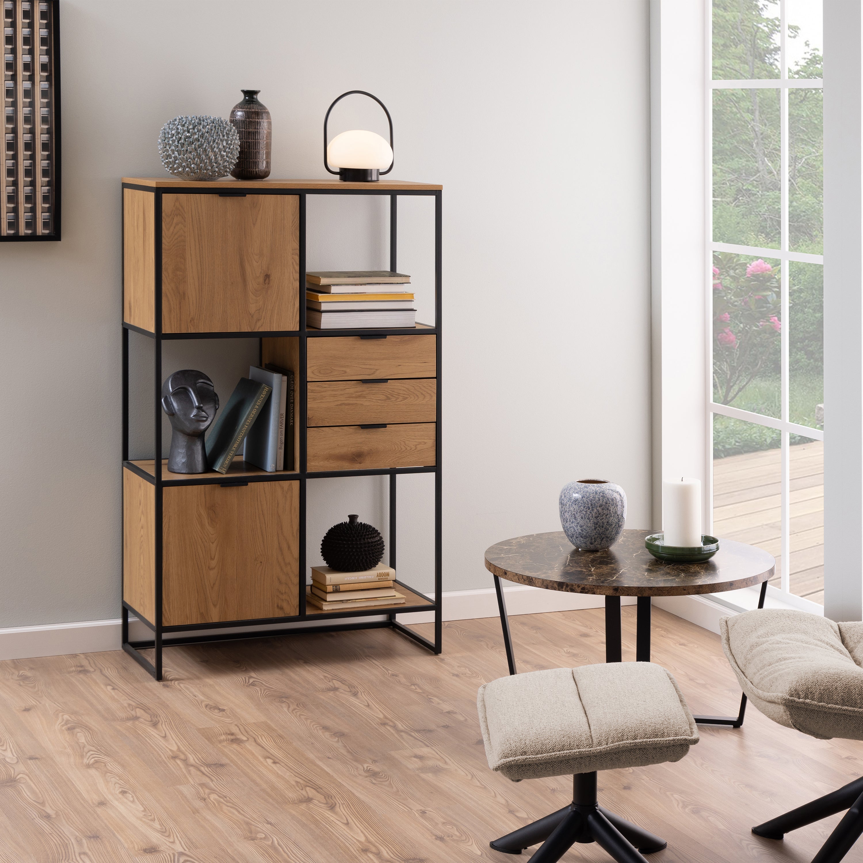 Swindon Bookcase with 2 Doors, 3 Drawers and 1 Shelves in Black – FTG, view 5