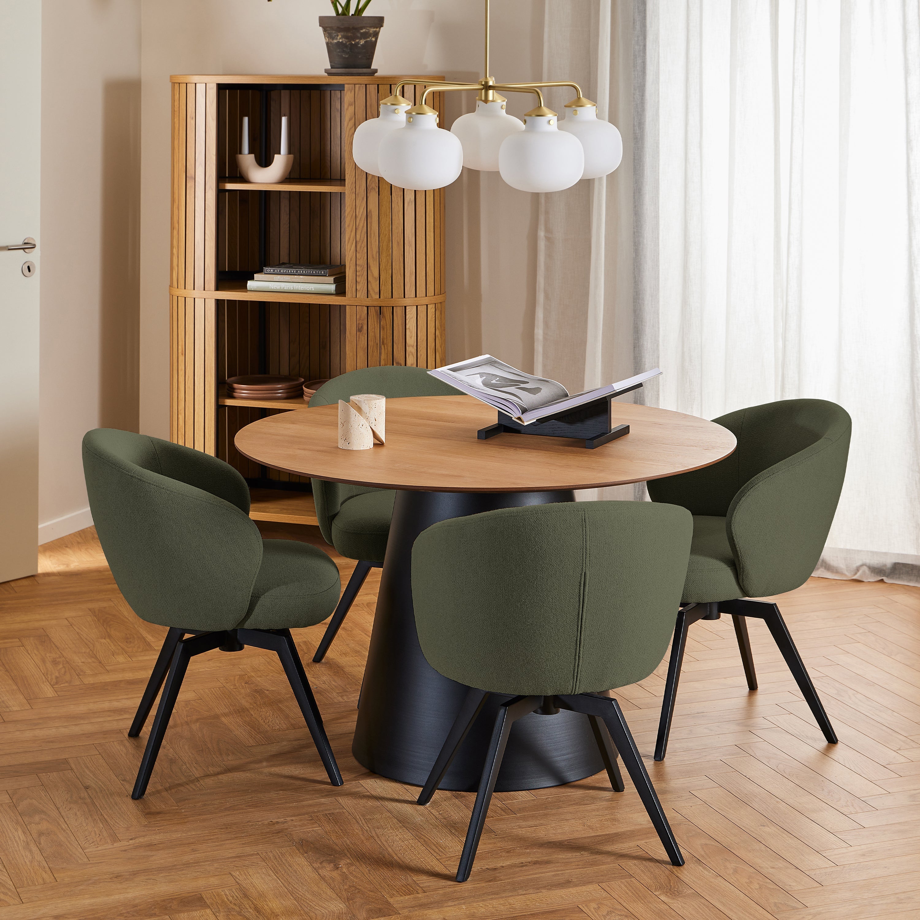 Soli Round Dining Table in Oak/Black 120x75cm Included 4 Darlene Dining Chair with Armrest and Swivel Function in Green – FTG