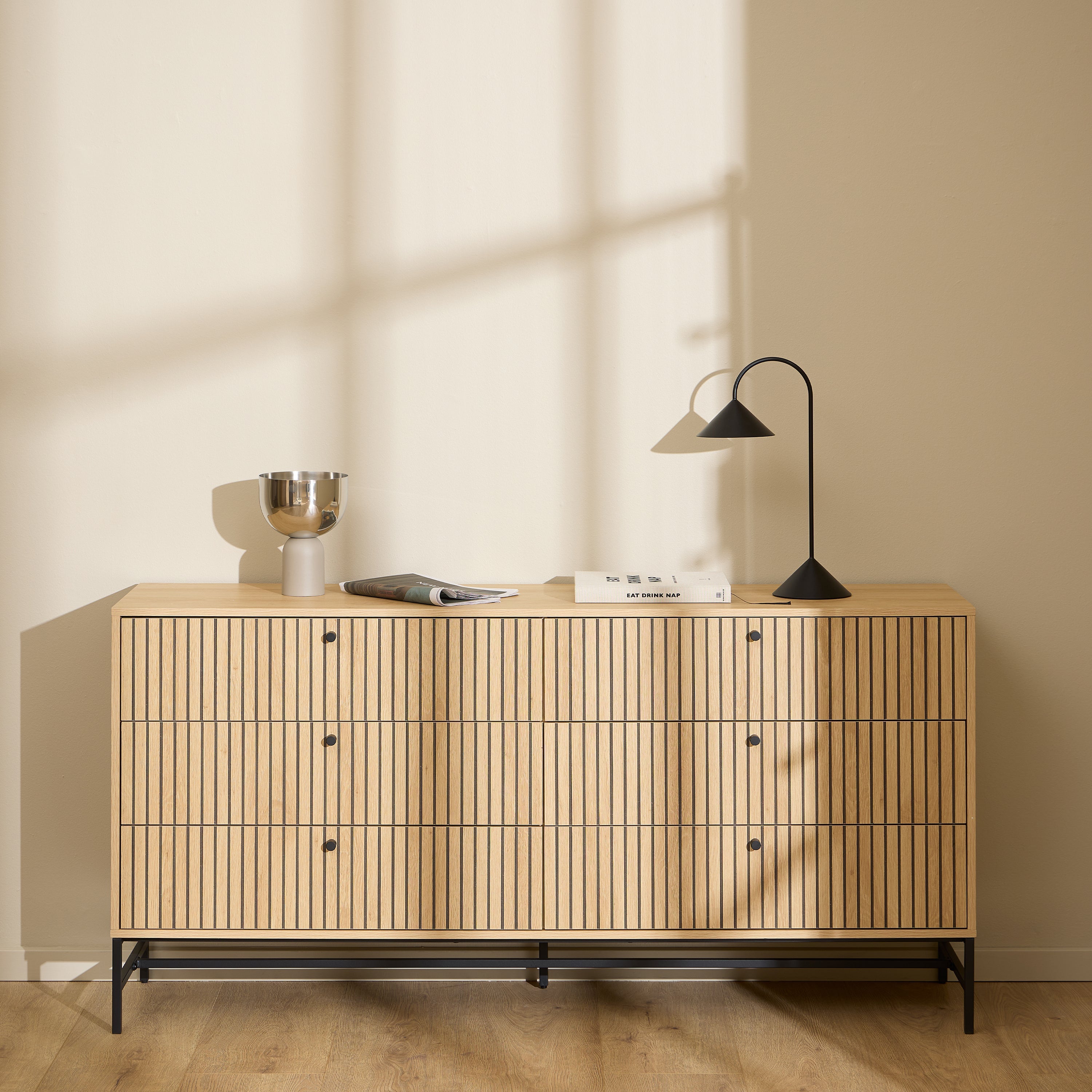 Albany Wide Chest of 6 Drawers in Oak/Black Legs – FTG, view 5