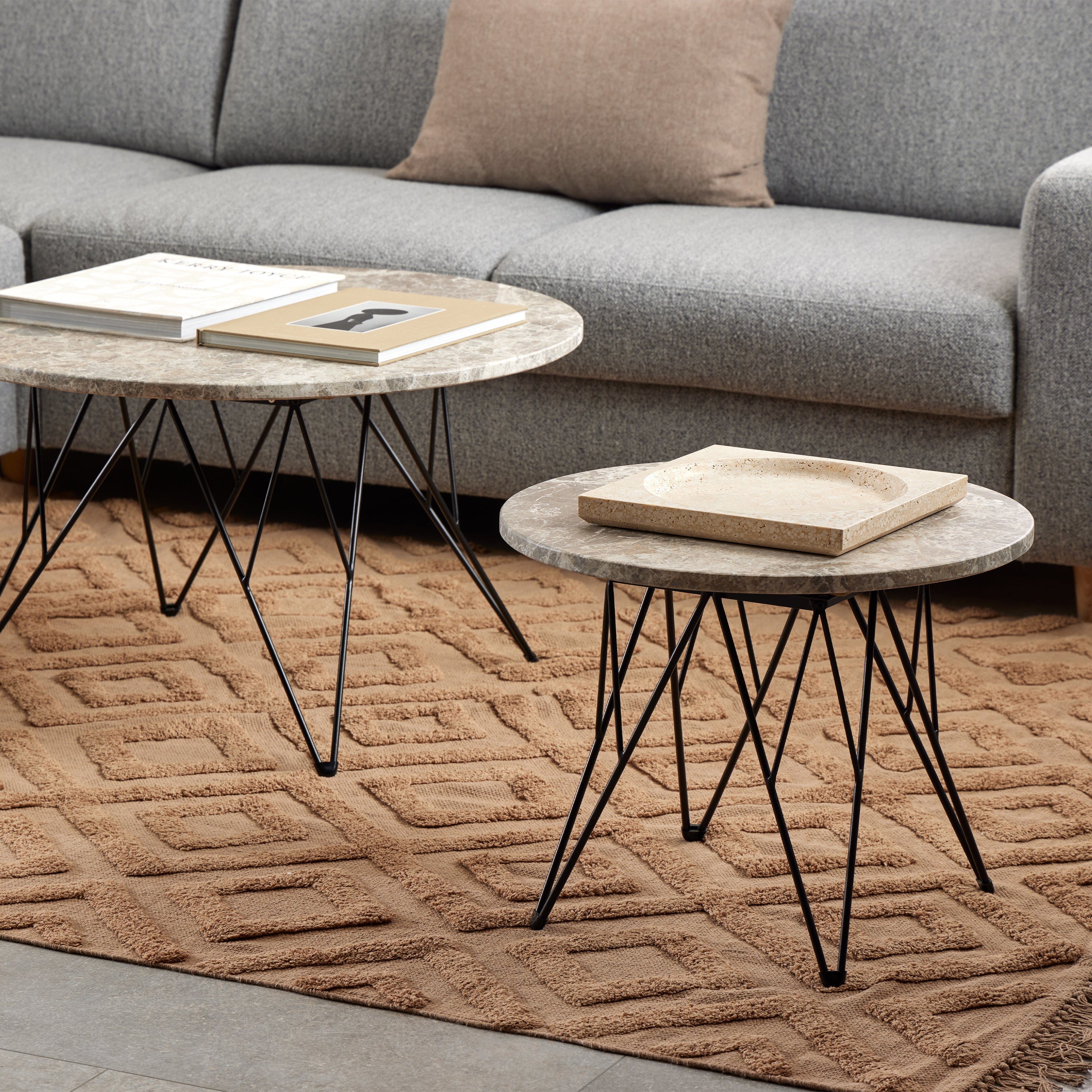 Prunus round Side Table in Grey Marble and Black Coated Steel Base 55x41.4cm – FTG, view 4