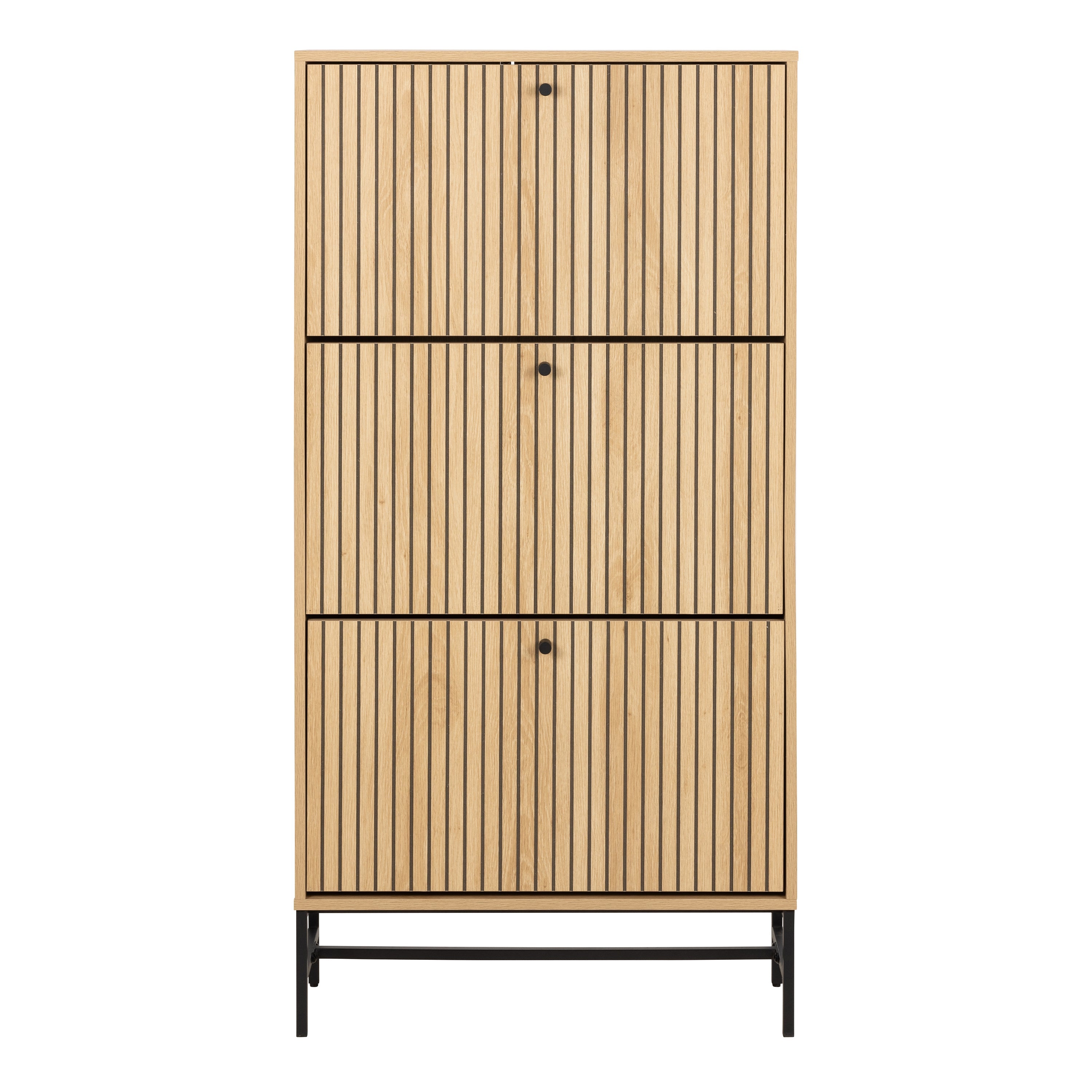 Albany Shoe Cabinet 3 Flip Down Doors in Oak/Black Legs – FTG, view 2