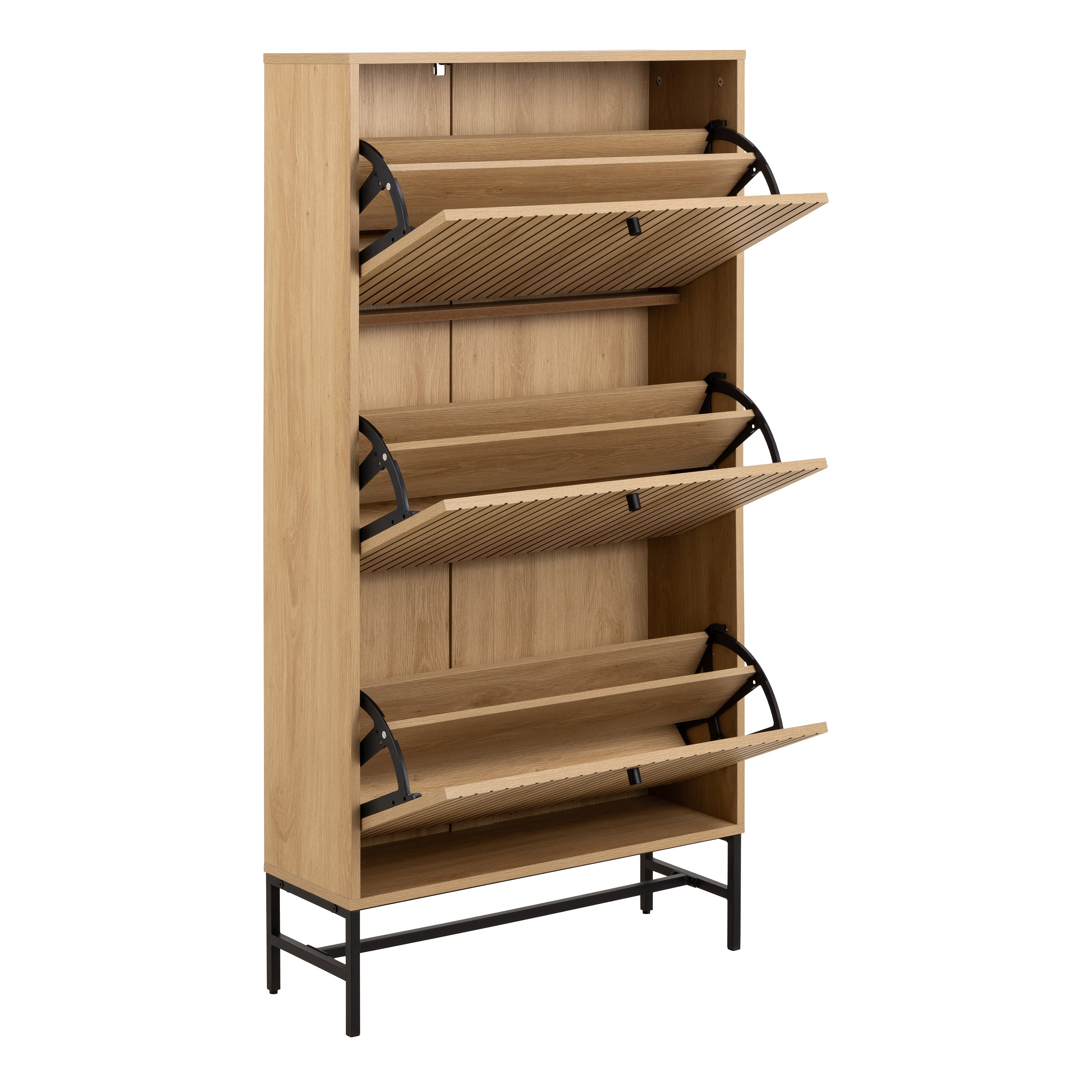 Albany Shoe Cabinet 3 Flip Down Doors in Oak/Black Legs – FTG, view 4