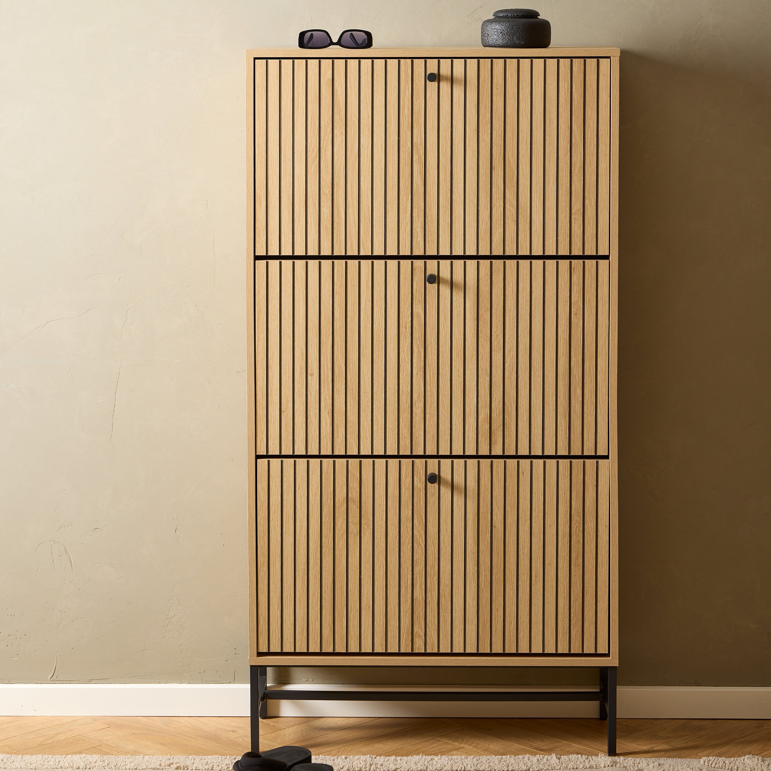 Albany Shoe Cabinet 3 Flip Down Doors in Oak/Black Legs – FTG, view 5
