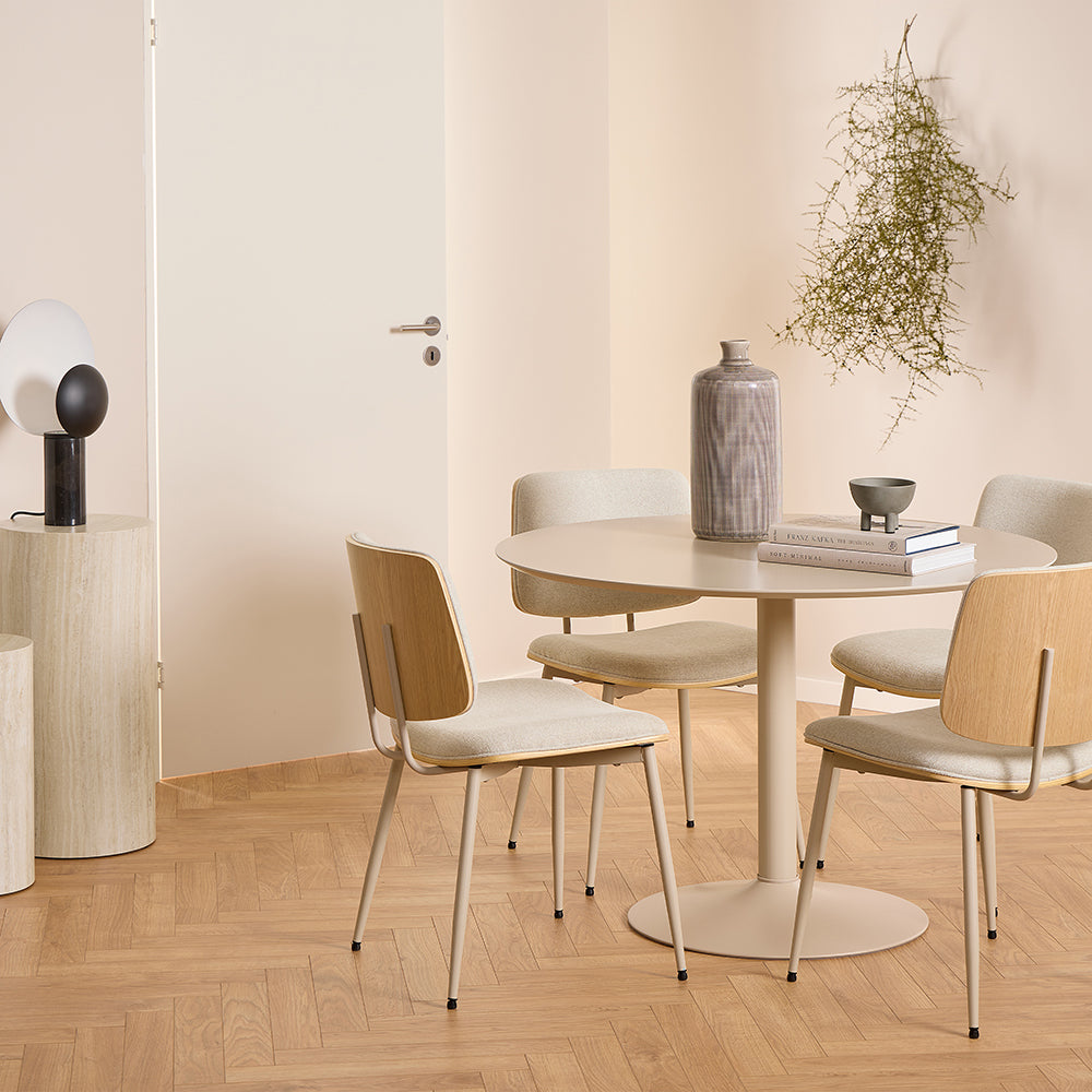 Ibiza Round Beige Dining Table with 4 Owen Dining Chairs in Beige