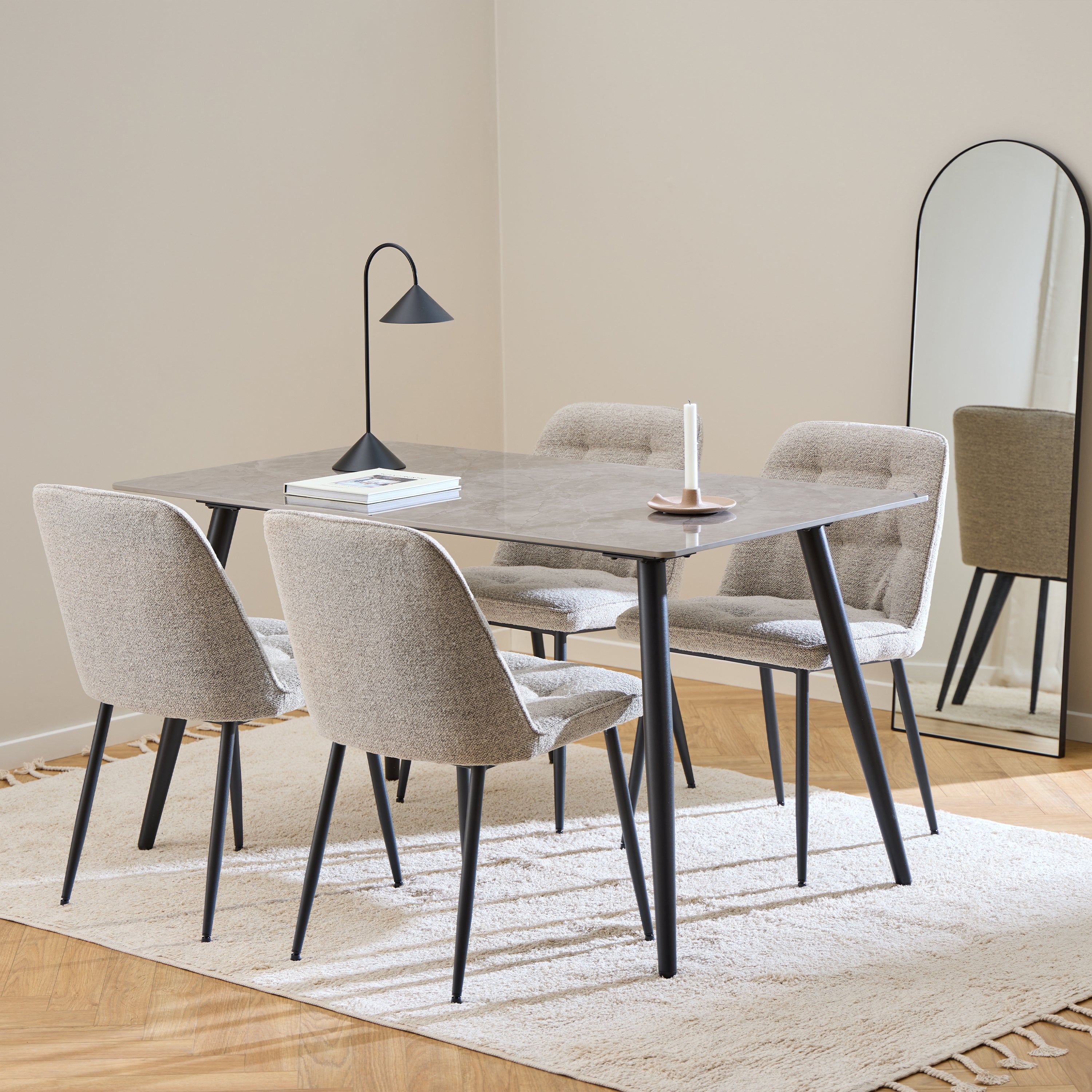 Wicklow Rectangular Dining Table in Grey/Black 140x75cm Included 4 Brooke Dining Chairs in Monza Beige – FTG