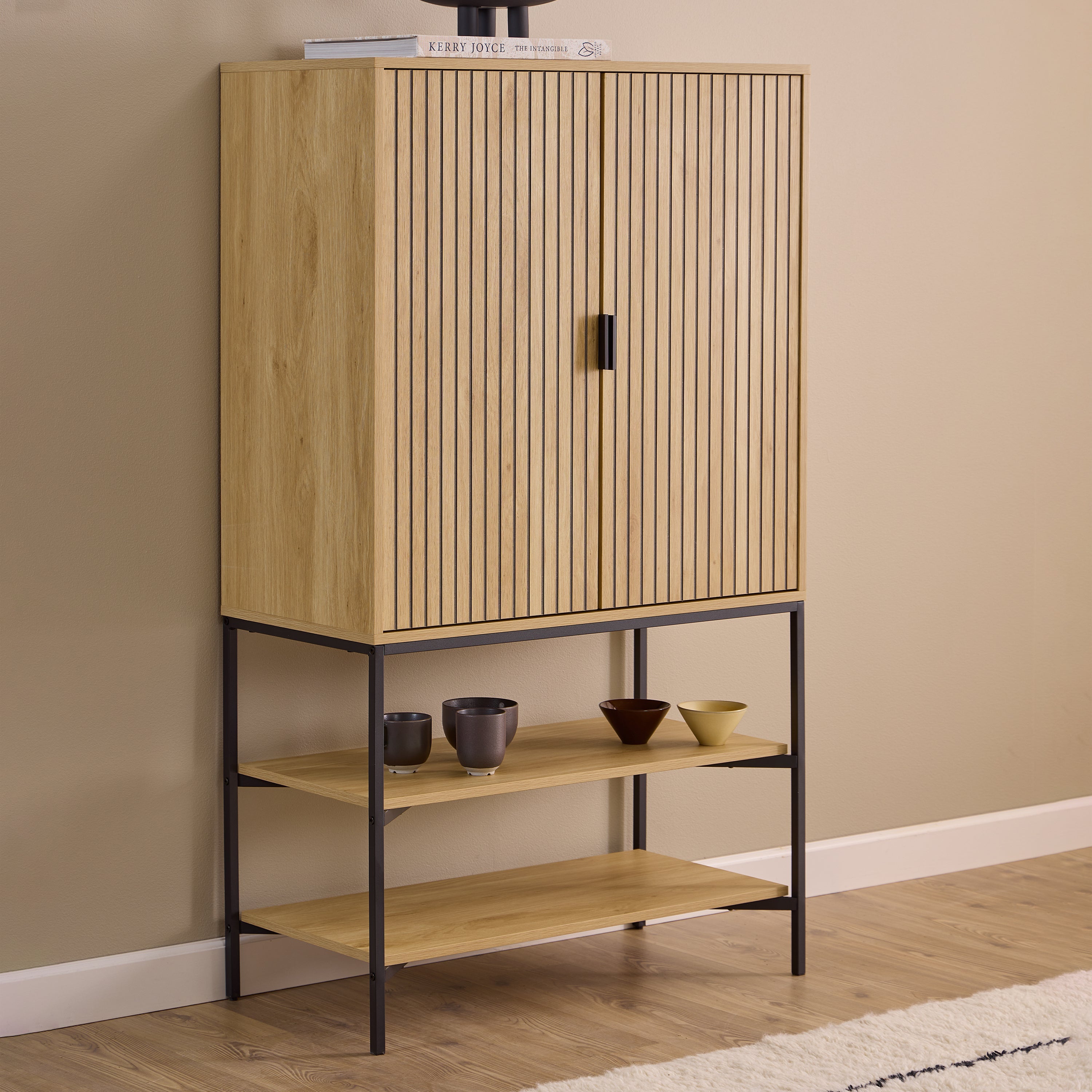 Jaipur Cabinet 2 Doors 3 Shelves With Oak Lamella Front – FTG, view 5