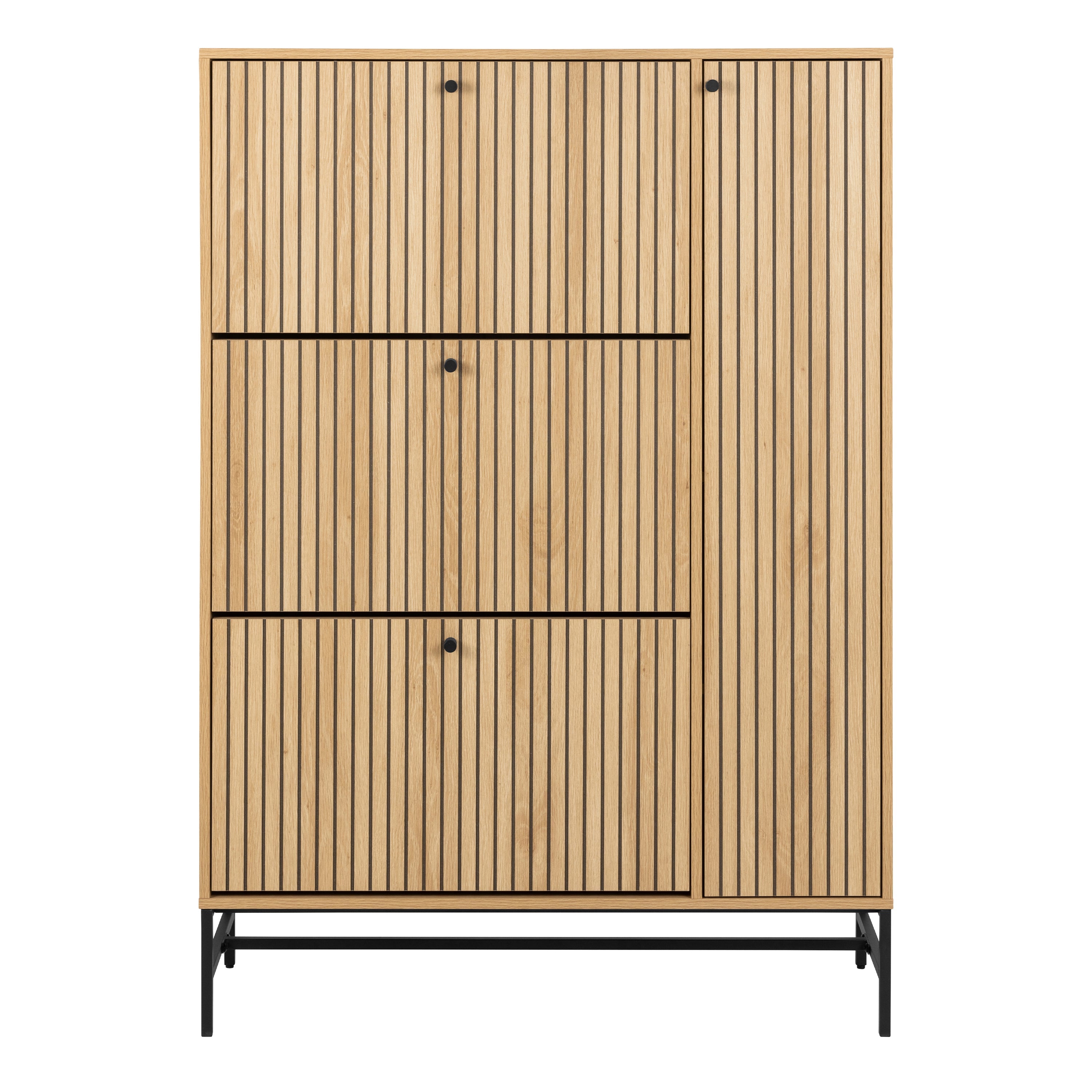 Albany Shoe Cabinet 3 Flip Down Doors 1 Pull Open Door in Oak/Black Legs – FTG, view 2
