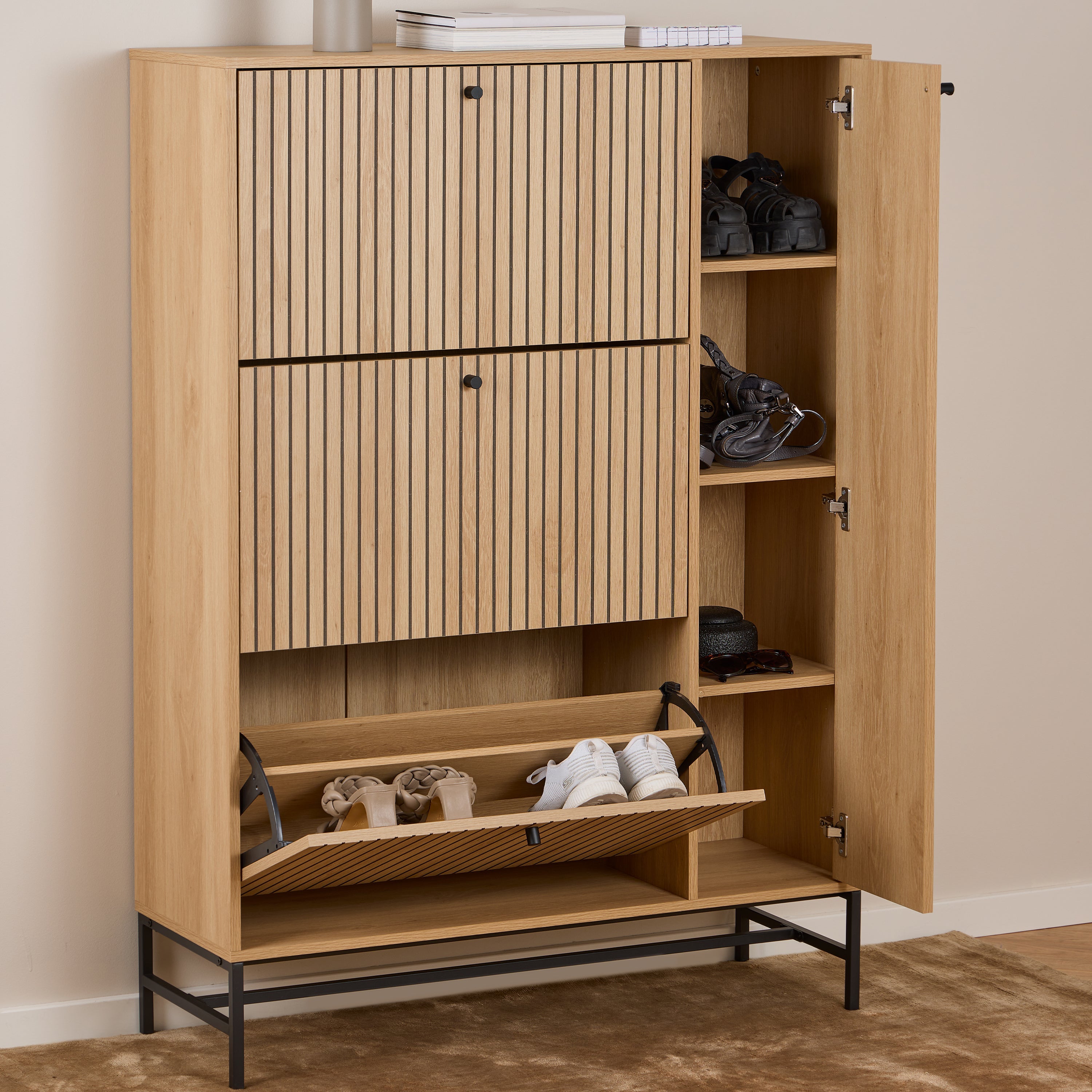 Albany Shoe Cabinet 3 Flip Down Doors 1 Pull Open Door in Oak/Black Legs – FTG, view 6