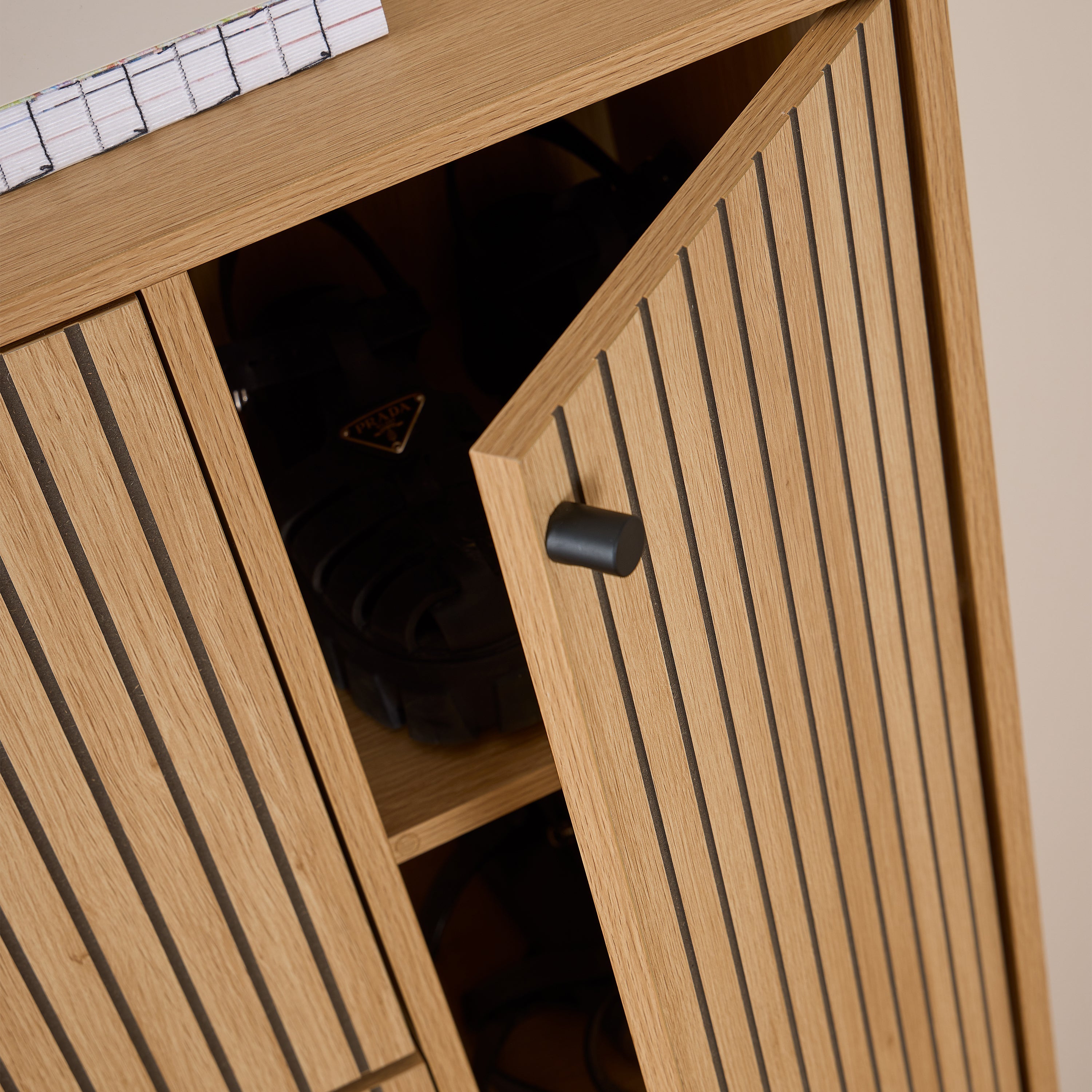 Albany Shoe Cabinet 3 Flip Down Doors 1 Pull Open Door in Oak/Black Legs – FTG, view 7