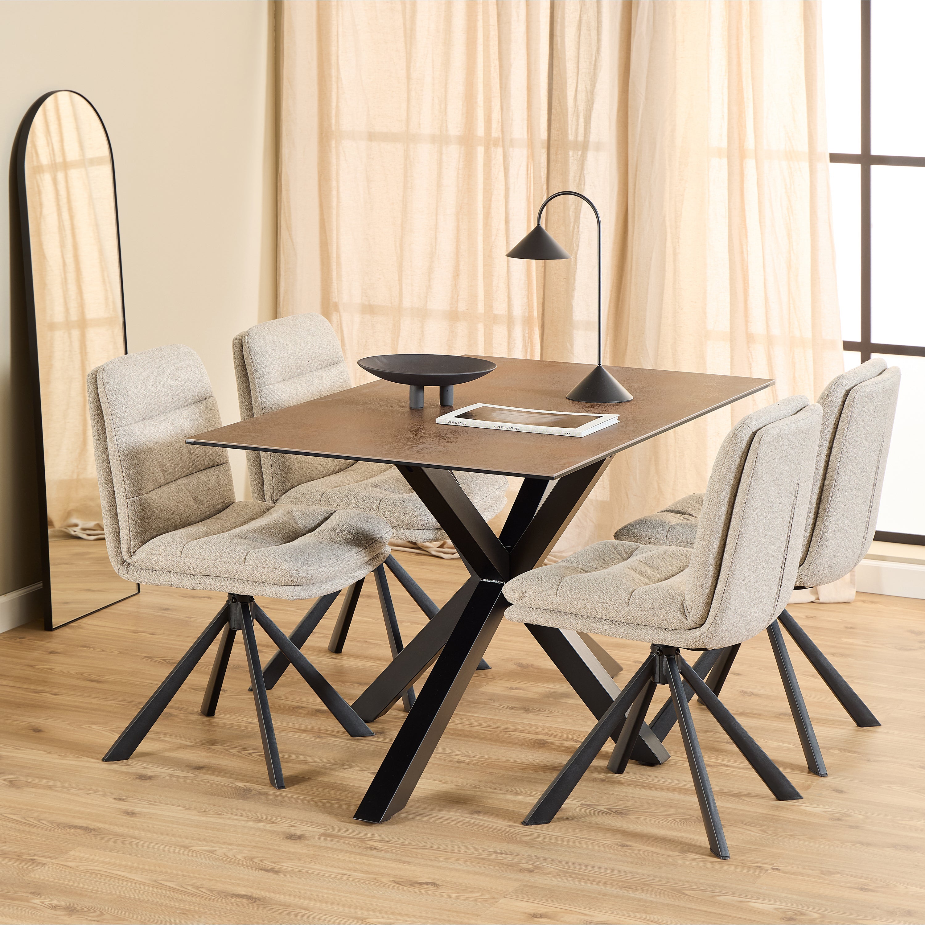Heaven Dining Table with Ceramic Rusty Brown Top 135cm Included 4 Dean Beige Swivel Dining Chair – FTG